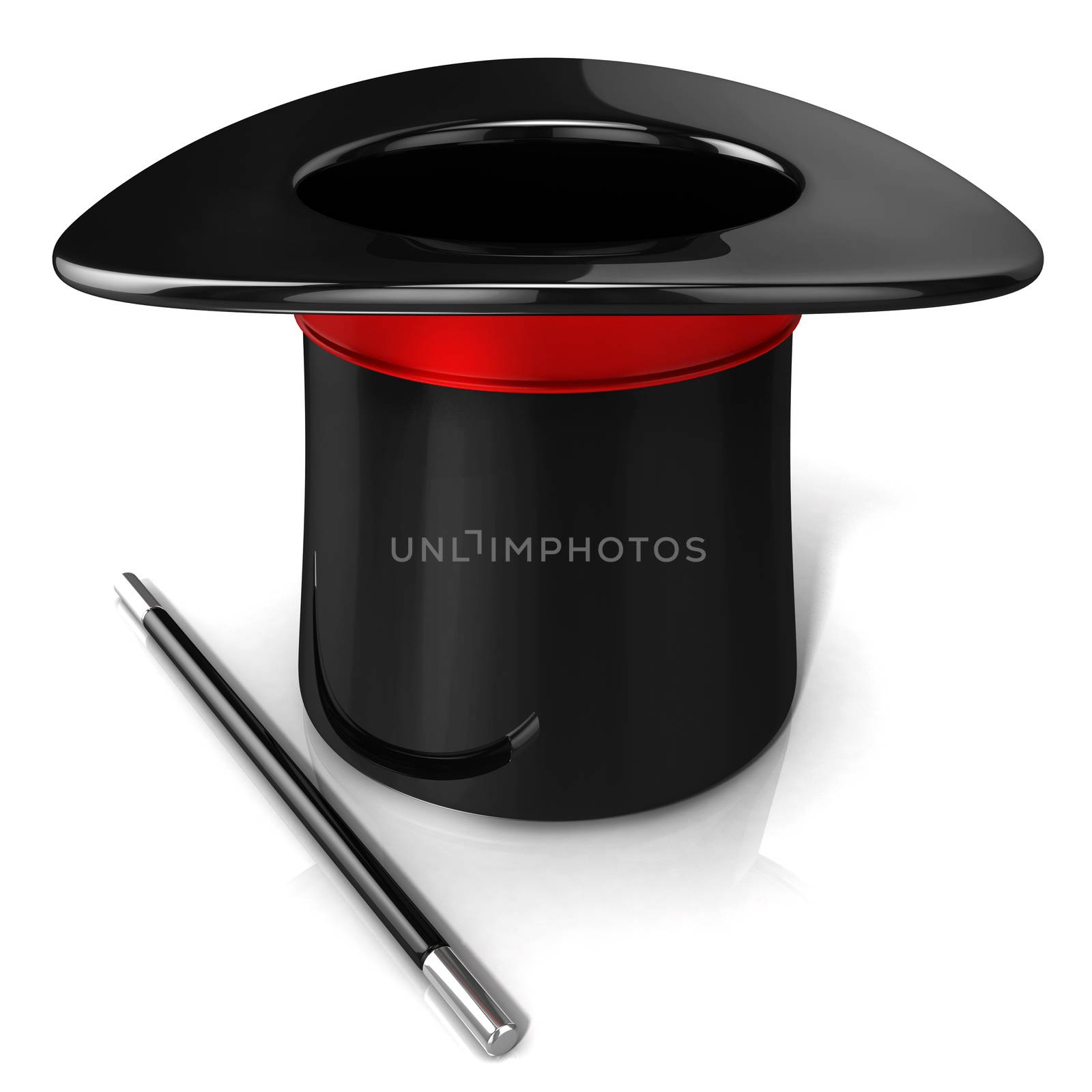 Magic hat and wand, 3D render isolated on white background. Front view