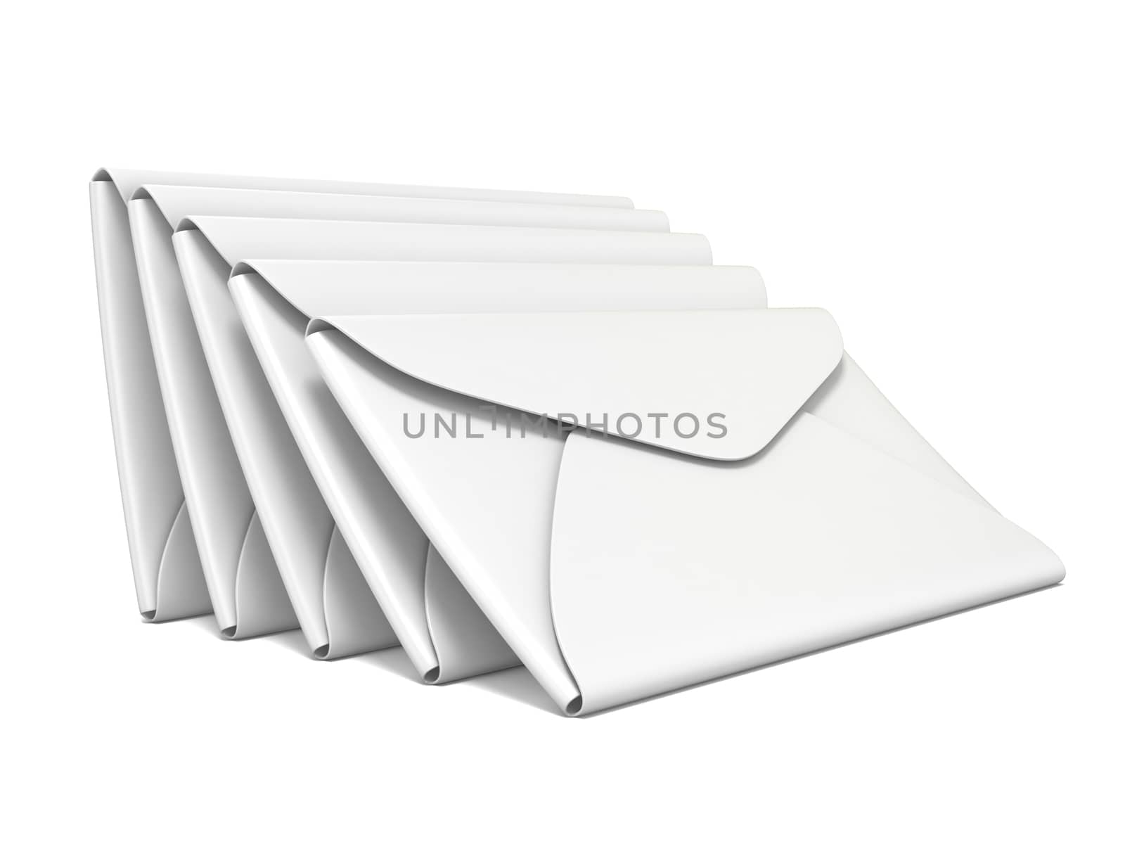 Stack of white, blank envelopes. 3D rendering illustration isolated on white background
