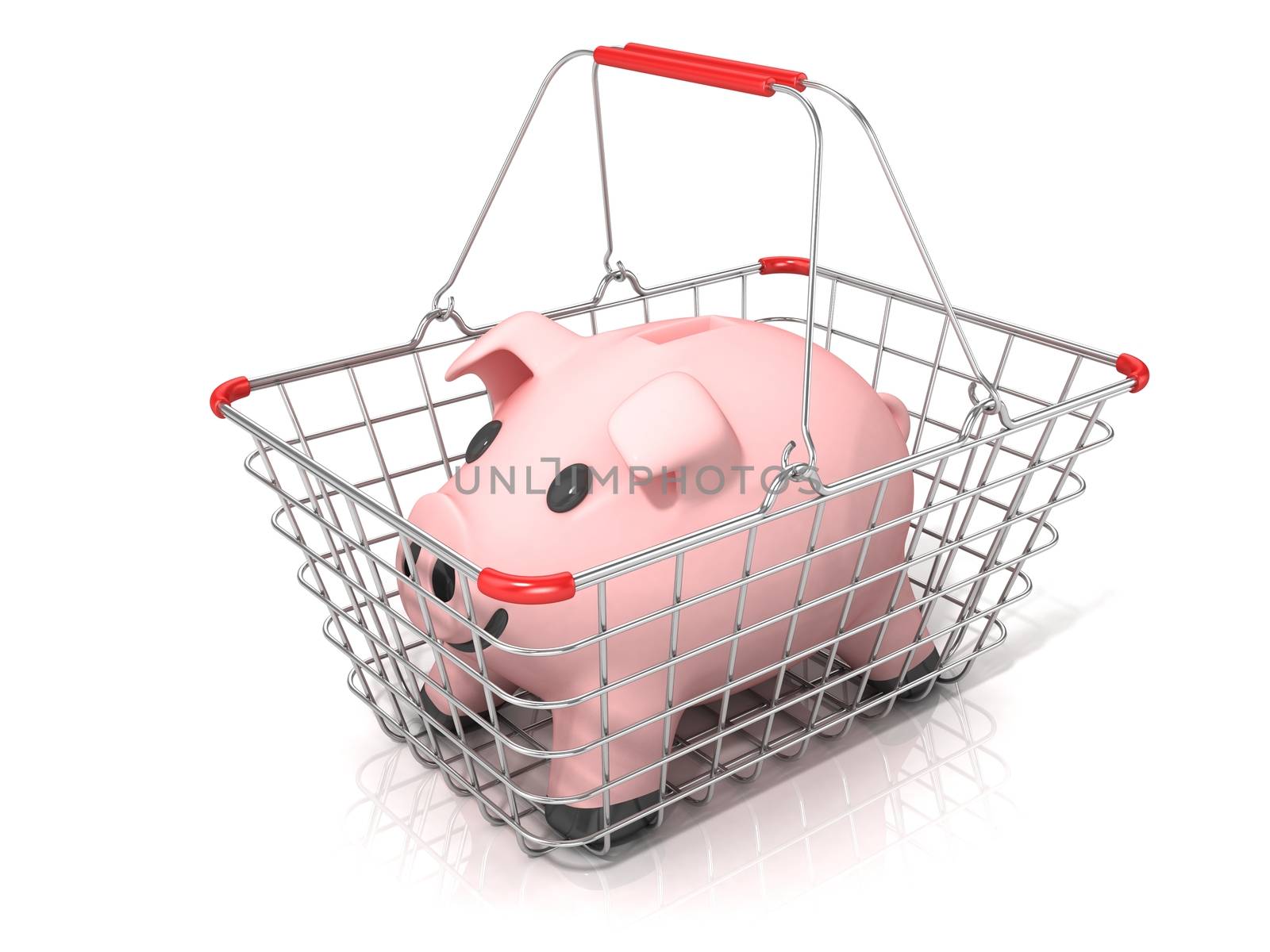 Piggy bank money box standing in steel wire shopping basket isolated on a white background