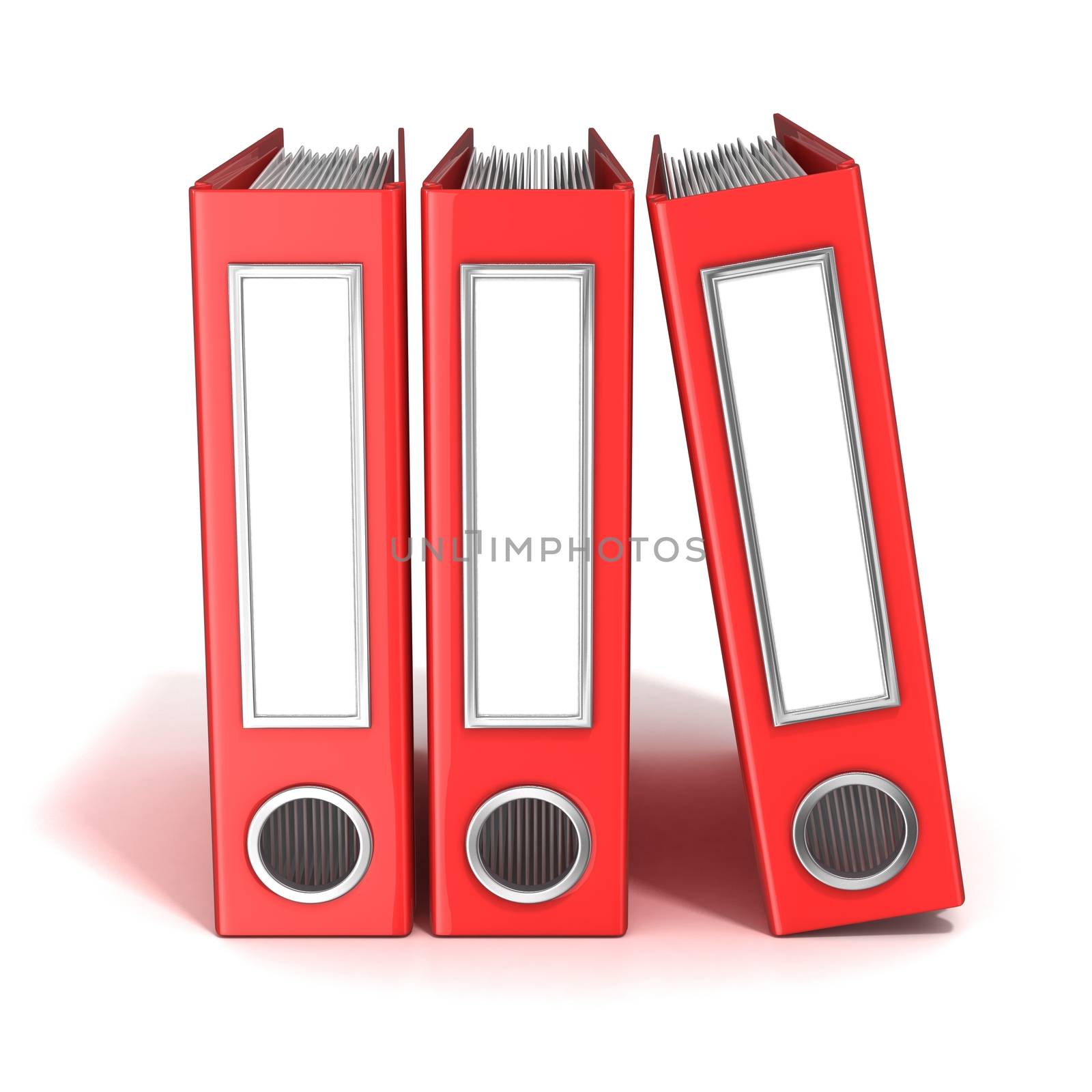 Row of binders, red office folders. 3D render illustration isolated on white background
