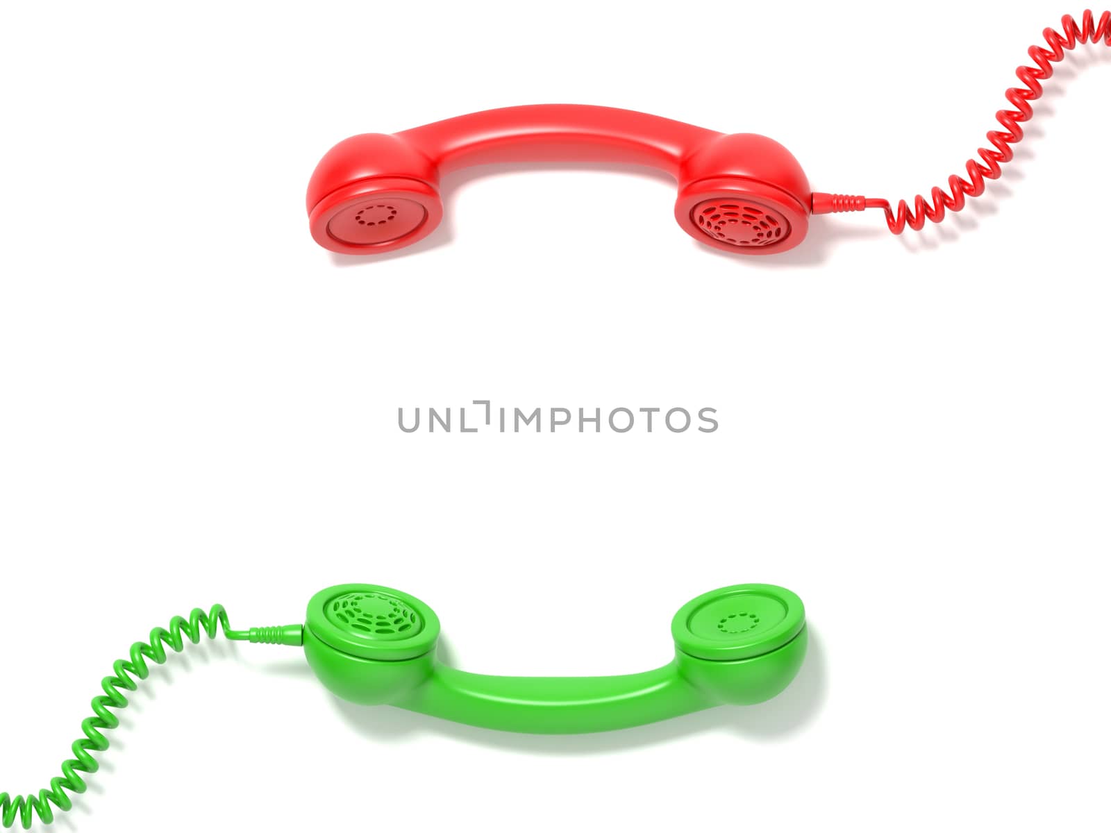 Retro red and green phone receivers lie opposite each other. 3D render illustration isolated on white background