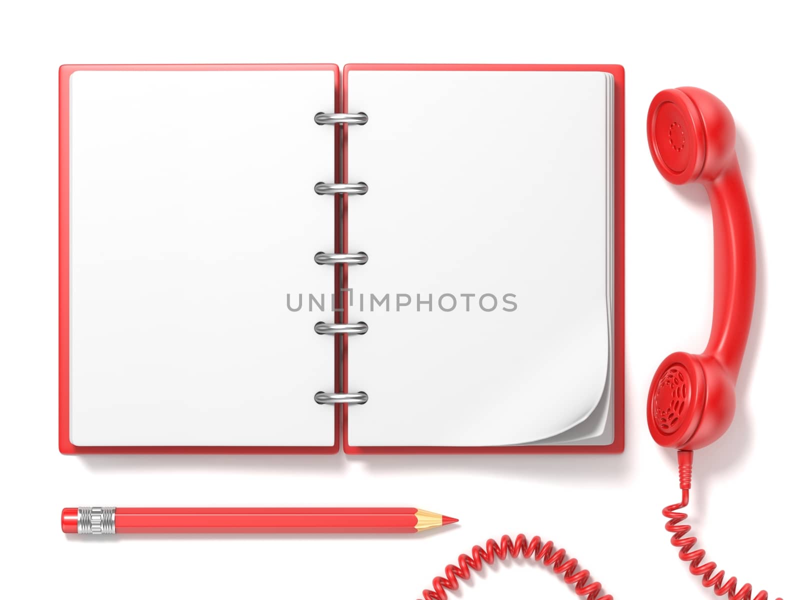 Red vintage telephone, pencil and notebook. 3D render illustration isolated on white background