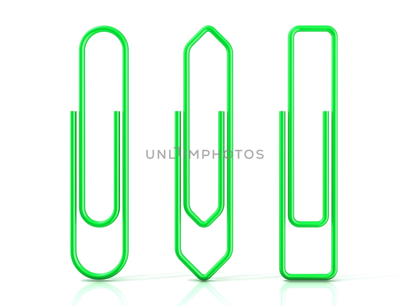 Paper clips isolated over white background, Three basic shapes. Green