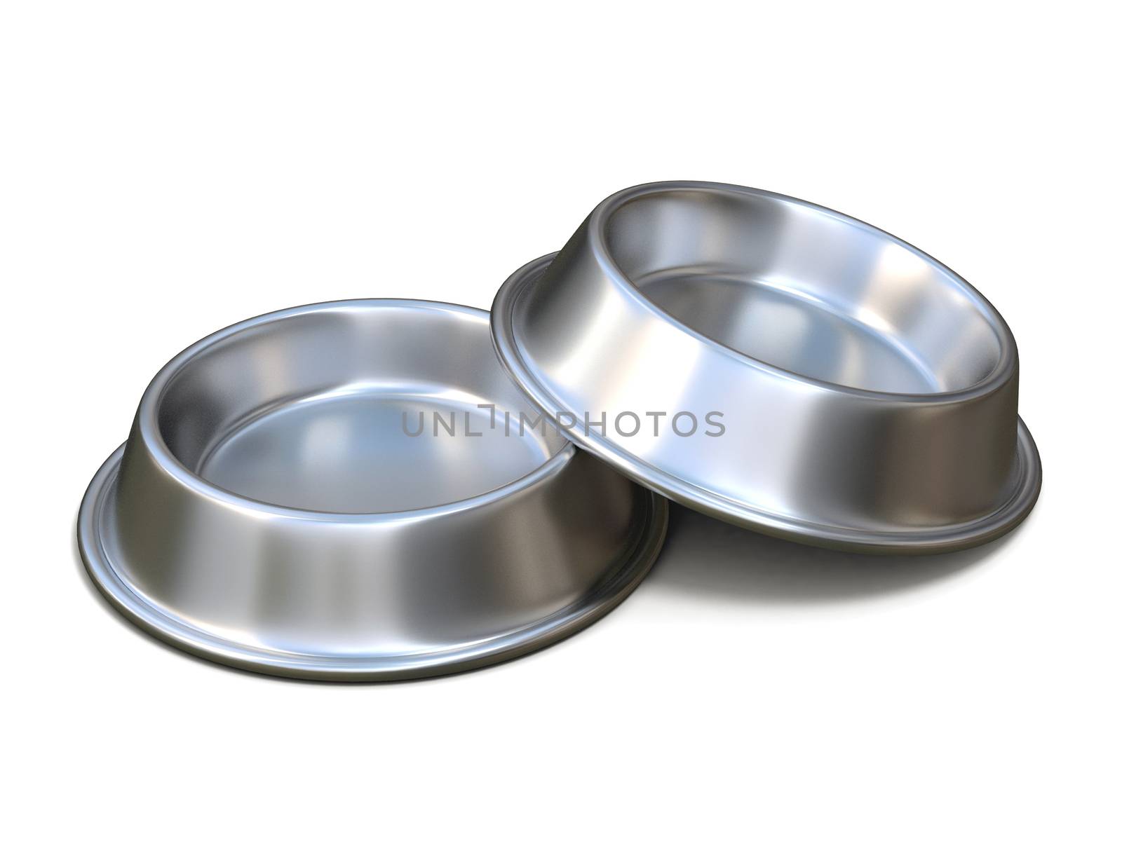 Two chrome pet bowls for food. 3D by djmilic