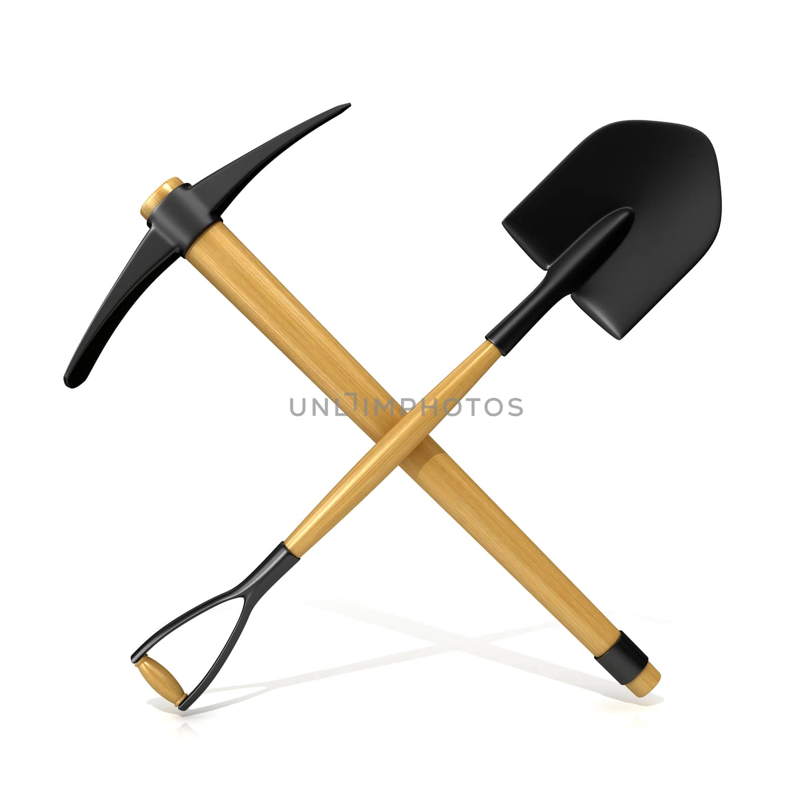 Mining tools, shovel and pickaxe. 3D render illustration, isolated on white background