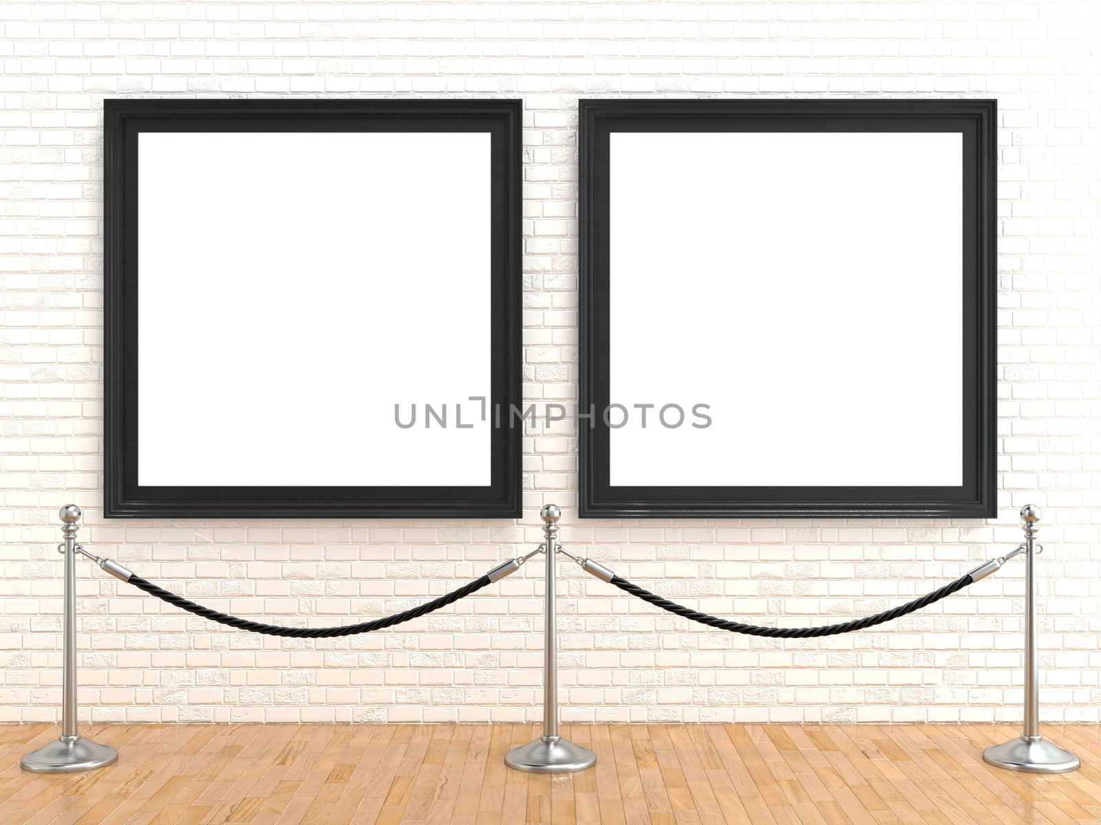 Two blank picture frame on brick wall, with stand rope barriers, 3D rendering illustration isolated on white background