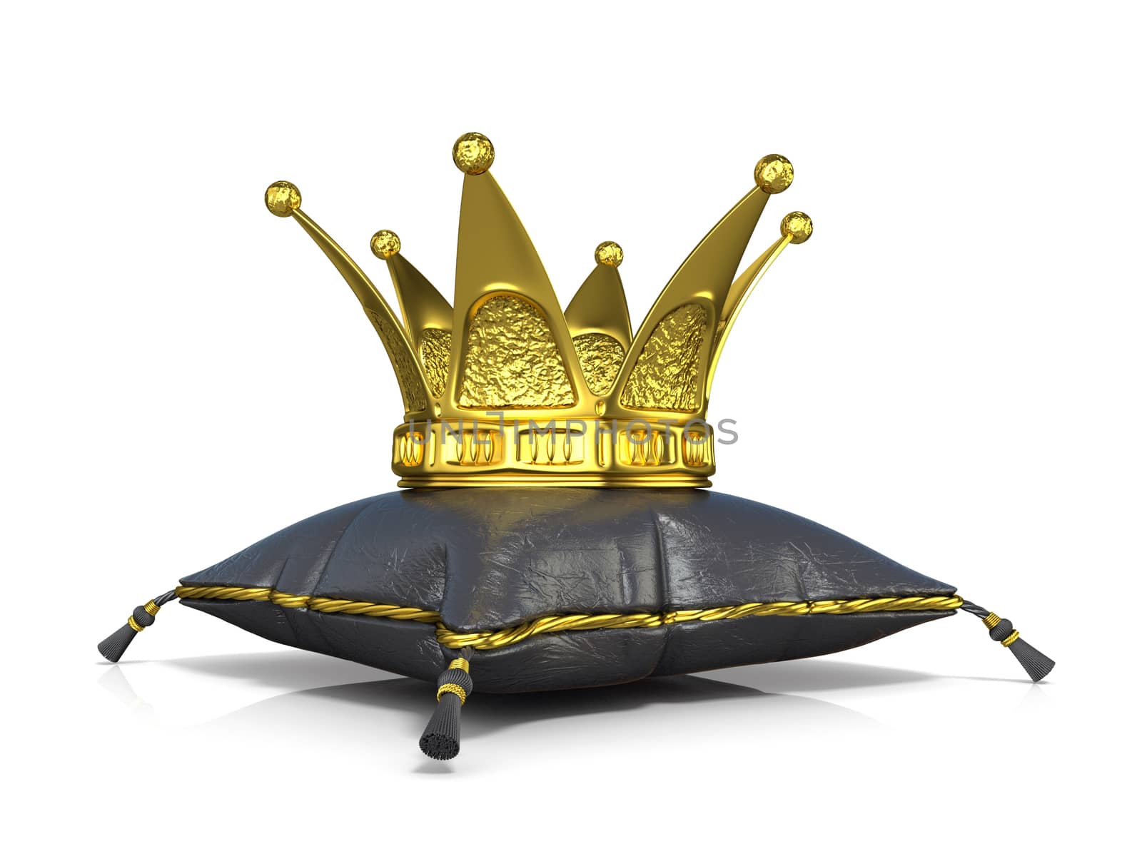 Royal black leather pillow and golden crown. 3D render illustration isolated on white background