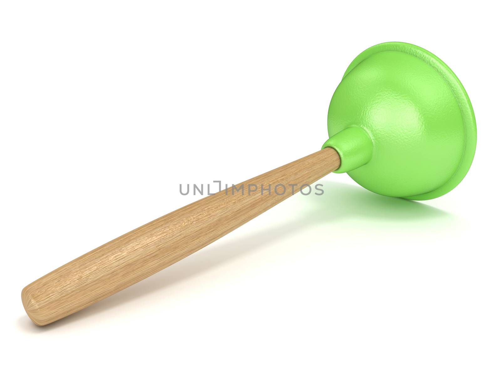 Green rubber toilet plunger. 3D render illustration isolated on white background