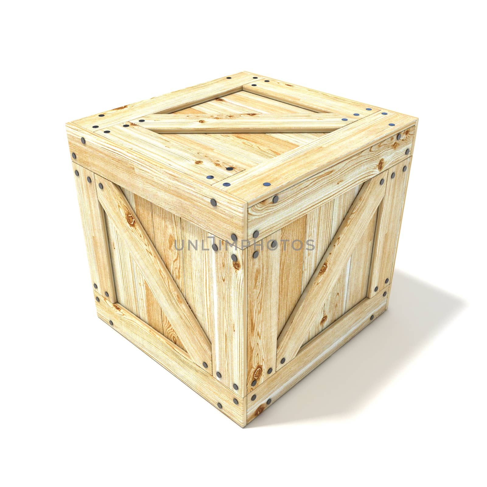 Wooden box. Side view. 3D render illustration isolated on a white background