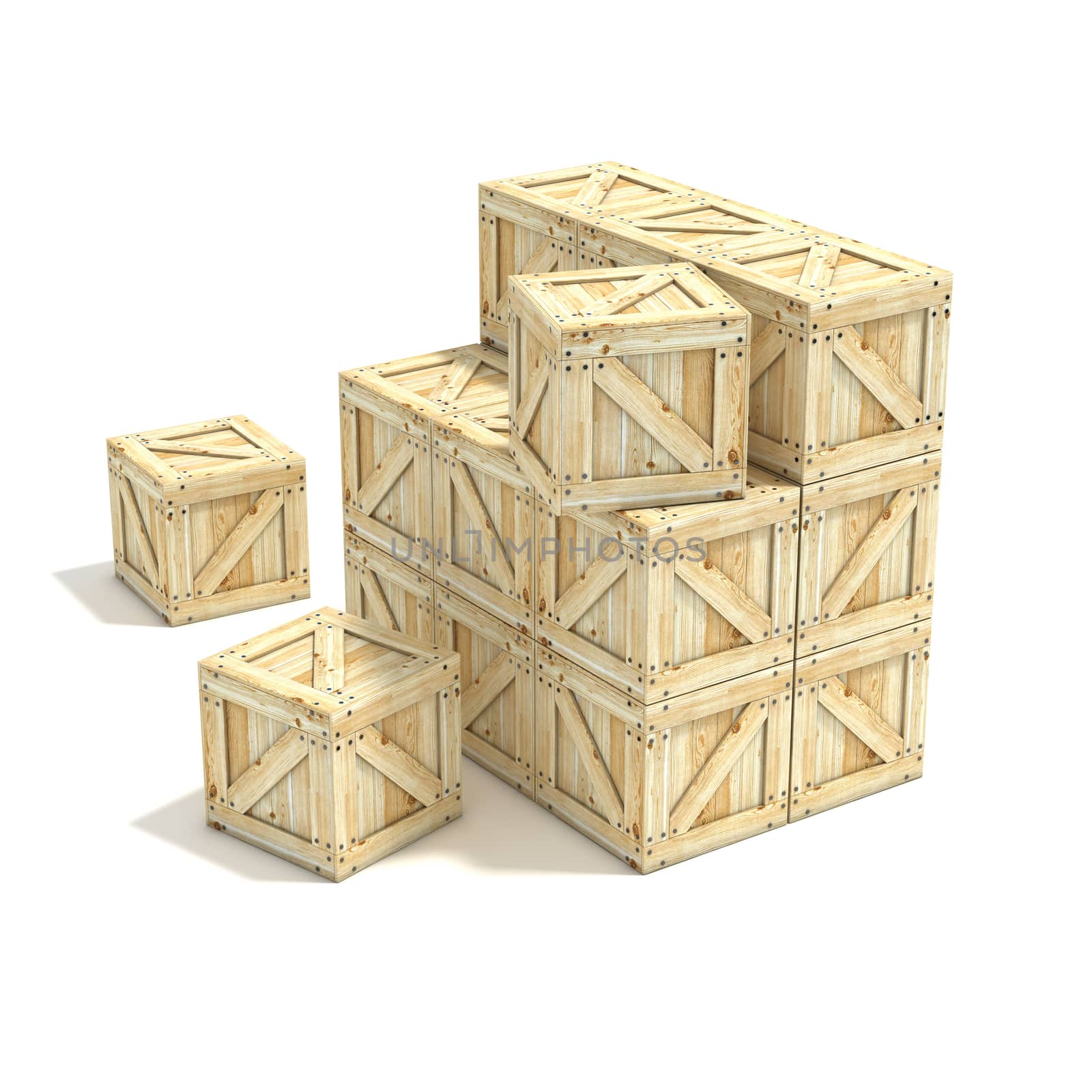 Wooden boxes. 3D render illustration isolated on a white background