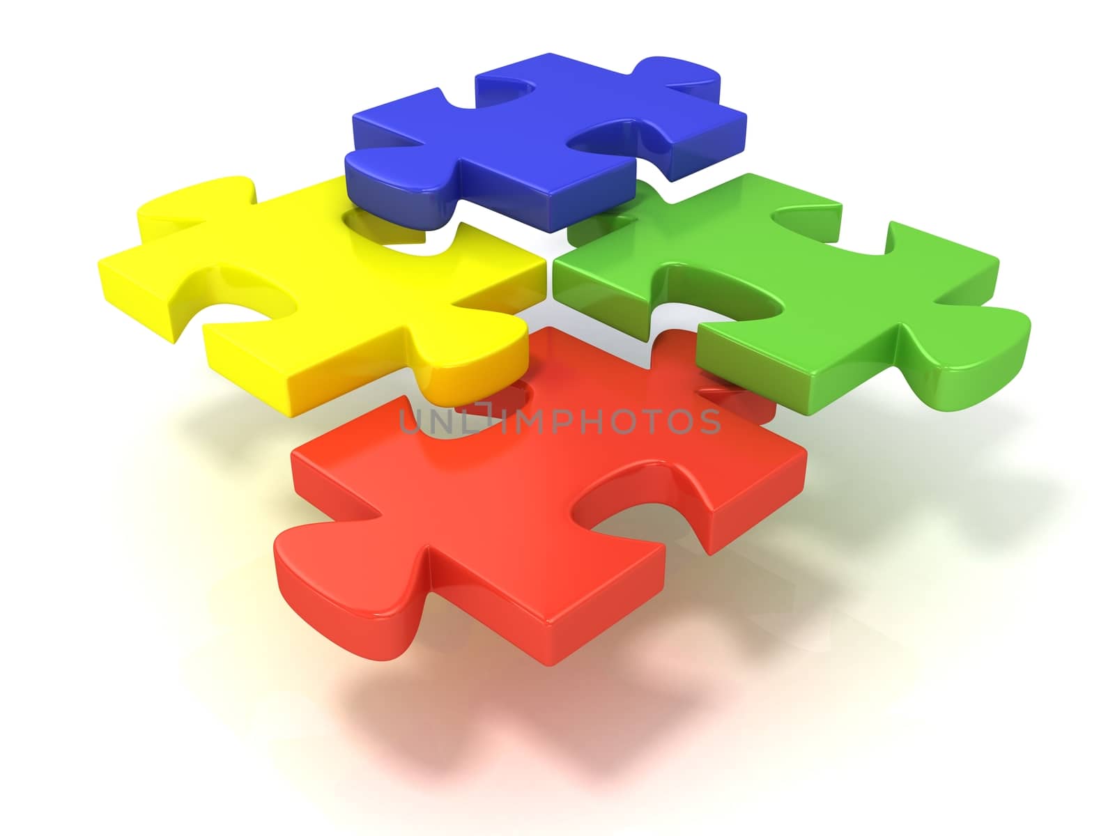 Four colorful jigsaw puzzle pieces set apart. Isolated on a white background