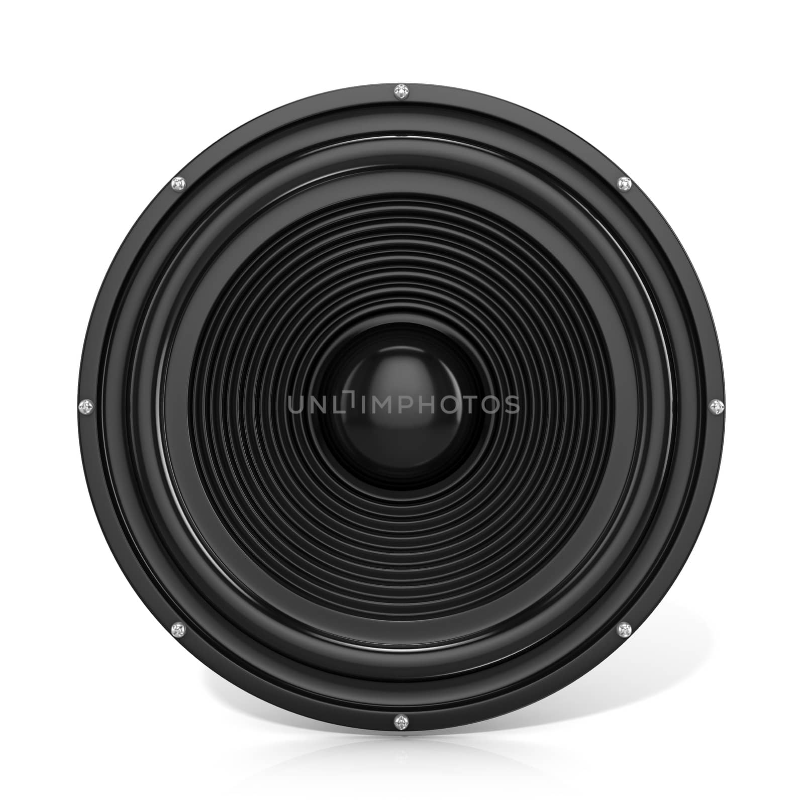 3D render illustration of loudspeaker. Isolated on white background. Front view.