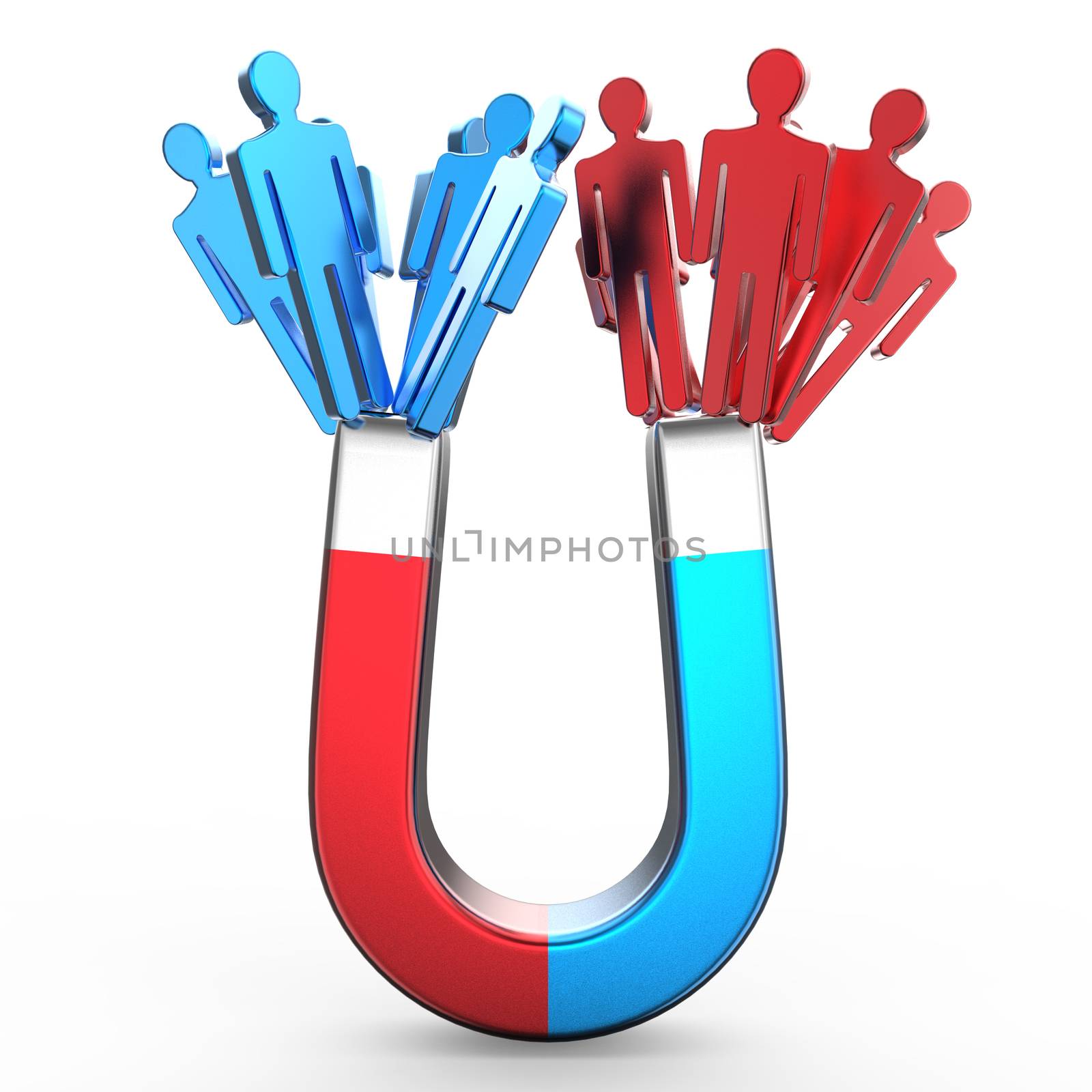 People magnet attracting two different colored people shapes. Attraction concept. 3D render illustration isolated on white background