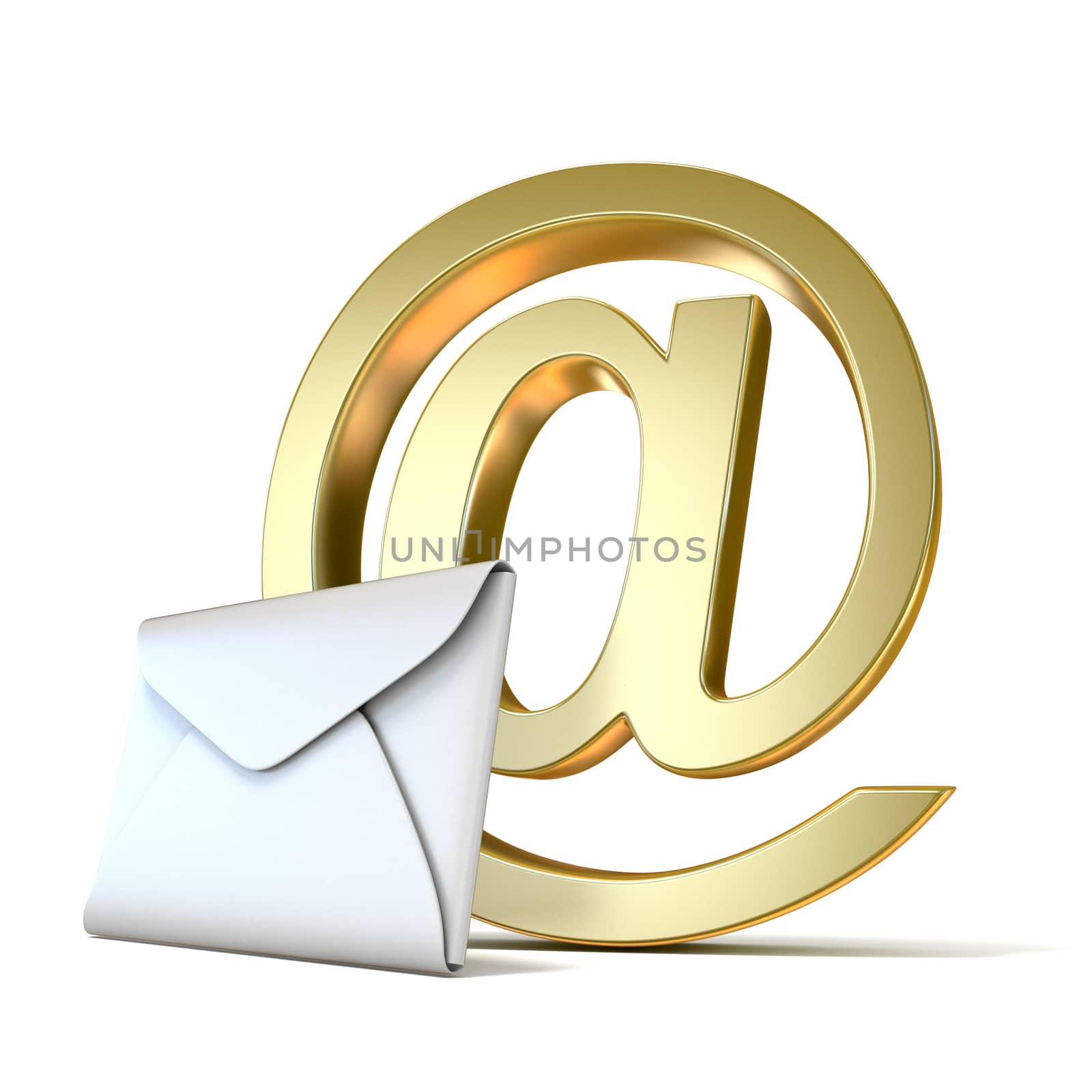 Envelope with golden e-mail sign. 3D render illustration isolated on white background