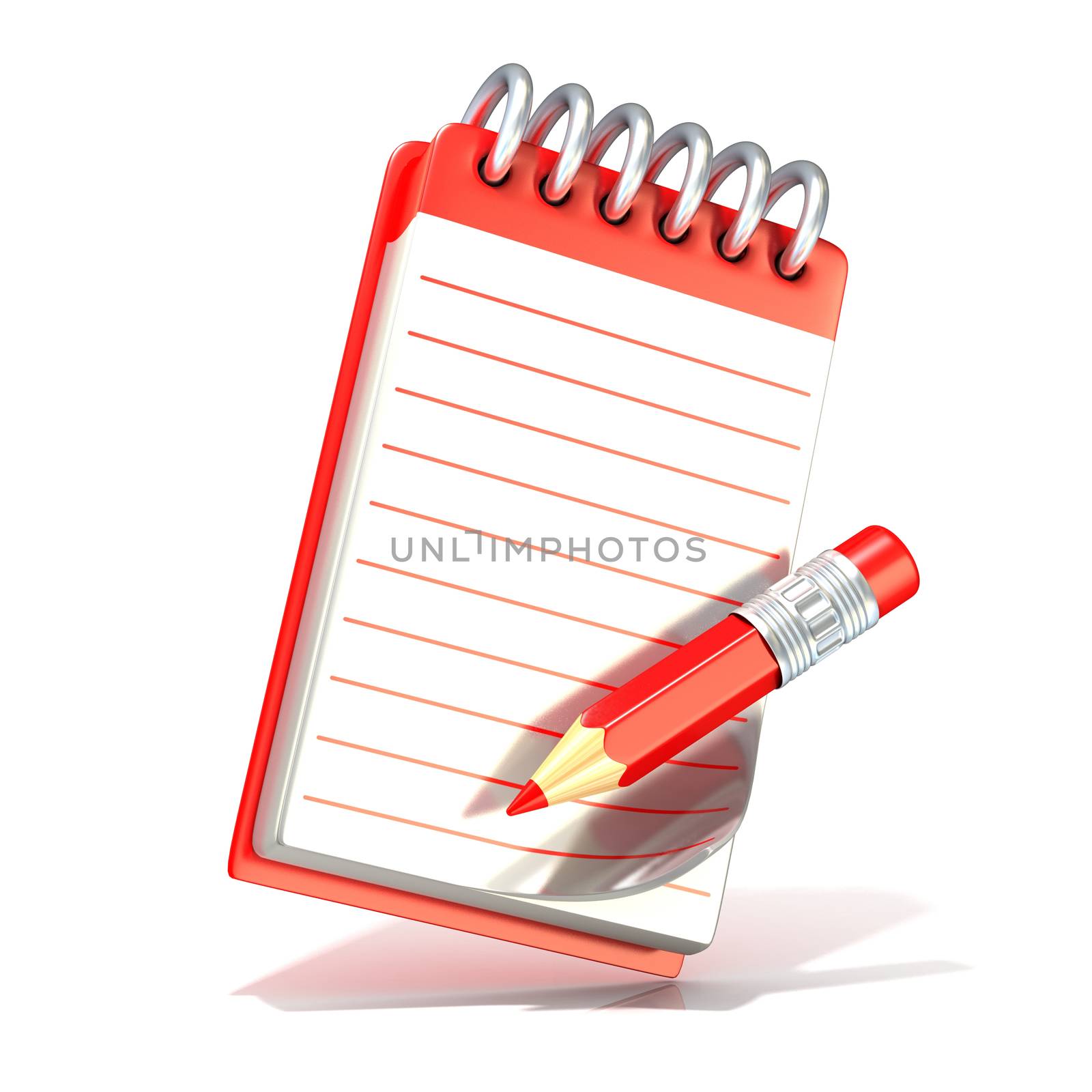 Red pencil and notepad. 3D render isolated on white background