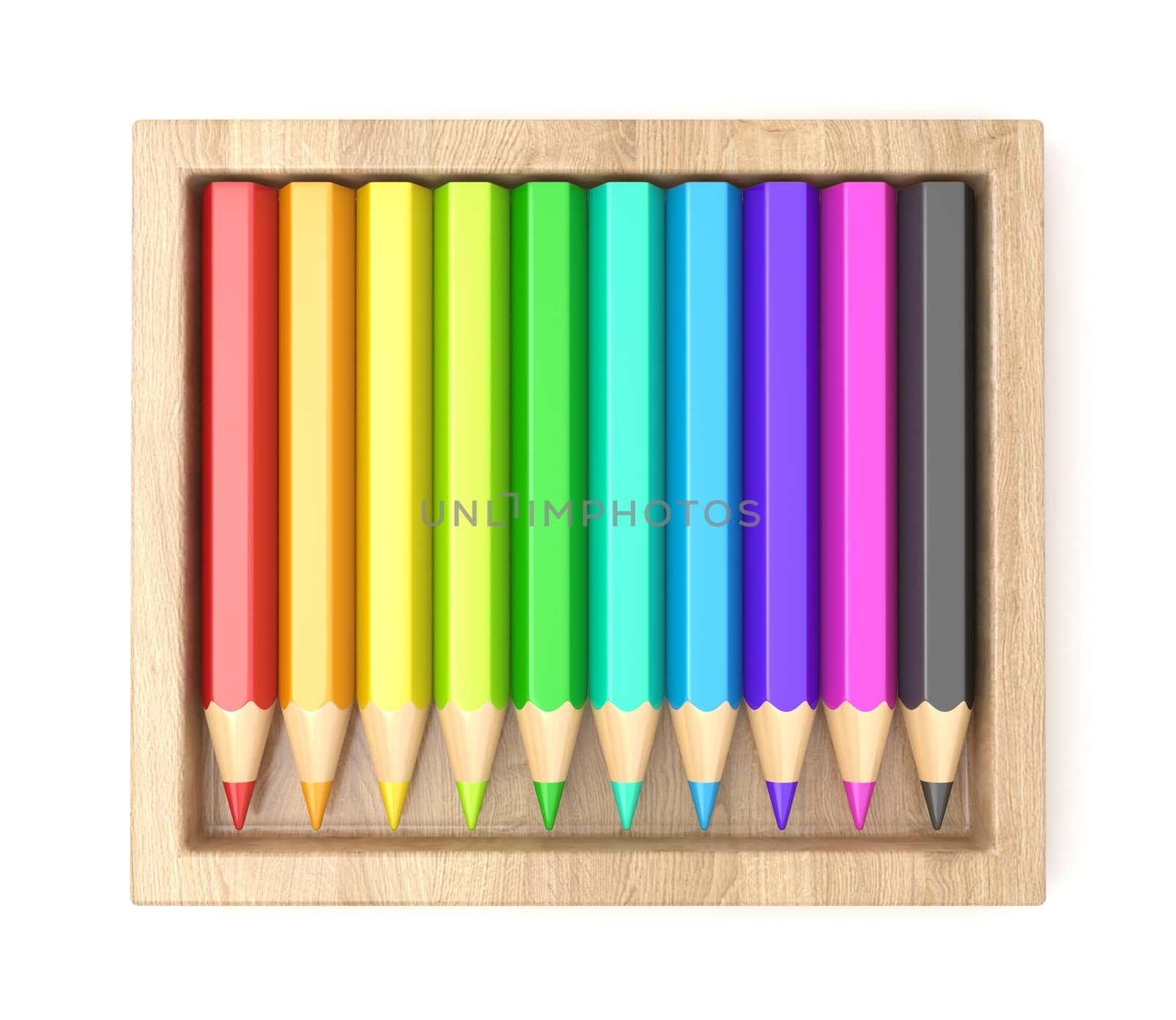 Wooden box with colorful pencils. 3D by djmilic