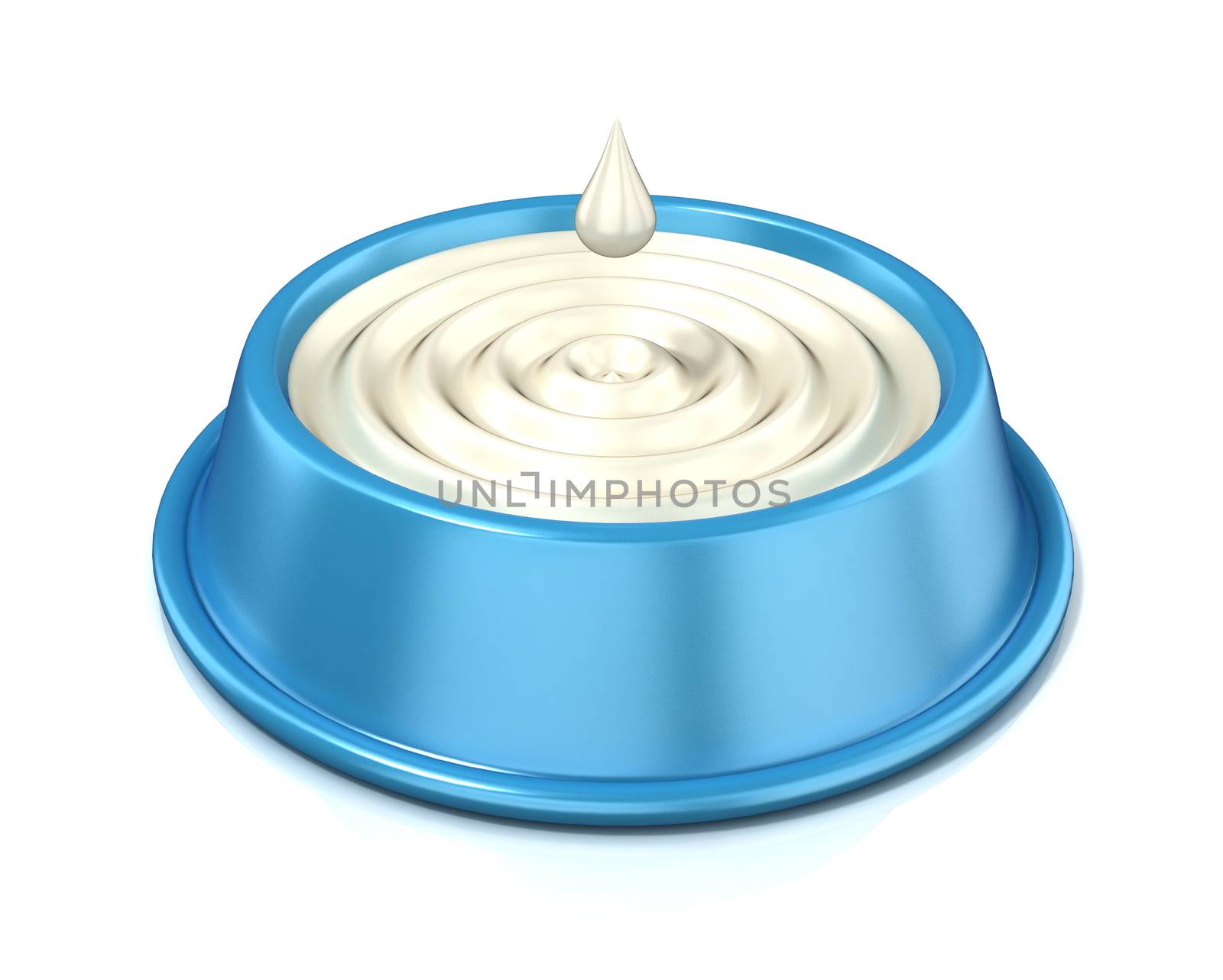 Blue cat bowl with milk, 3D render illustration, isolated on white background