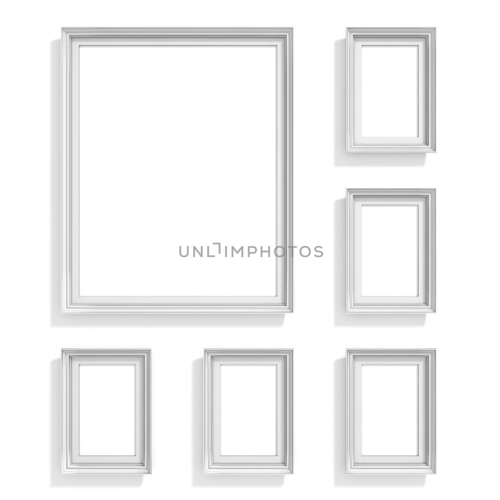 Blank picture frames. Website background template. Composition set isolated on white background