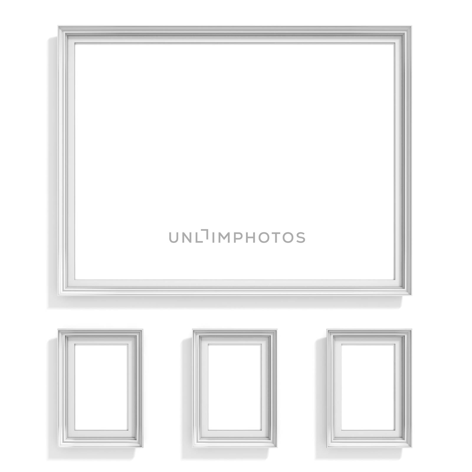 Blank picture frames. Website background template. Composition set isolated on white background