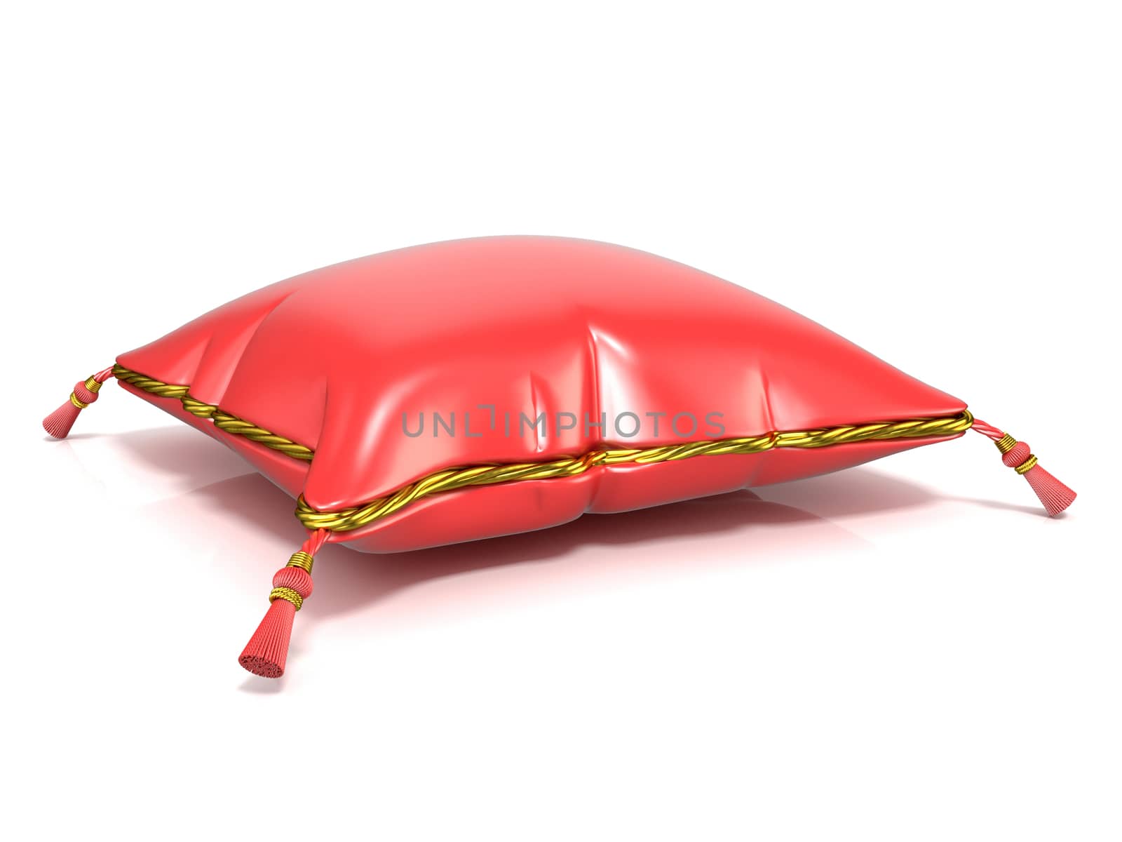 Royal red velvet pillow with golden rope. 3D render illustration isolated on white background