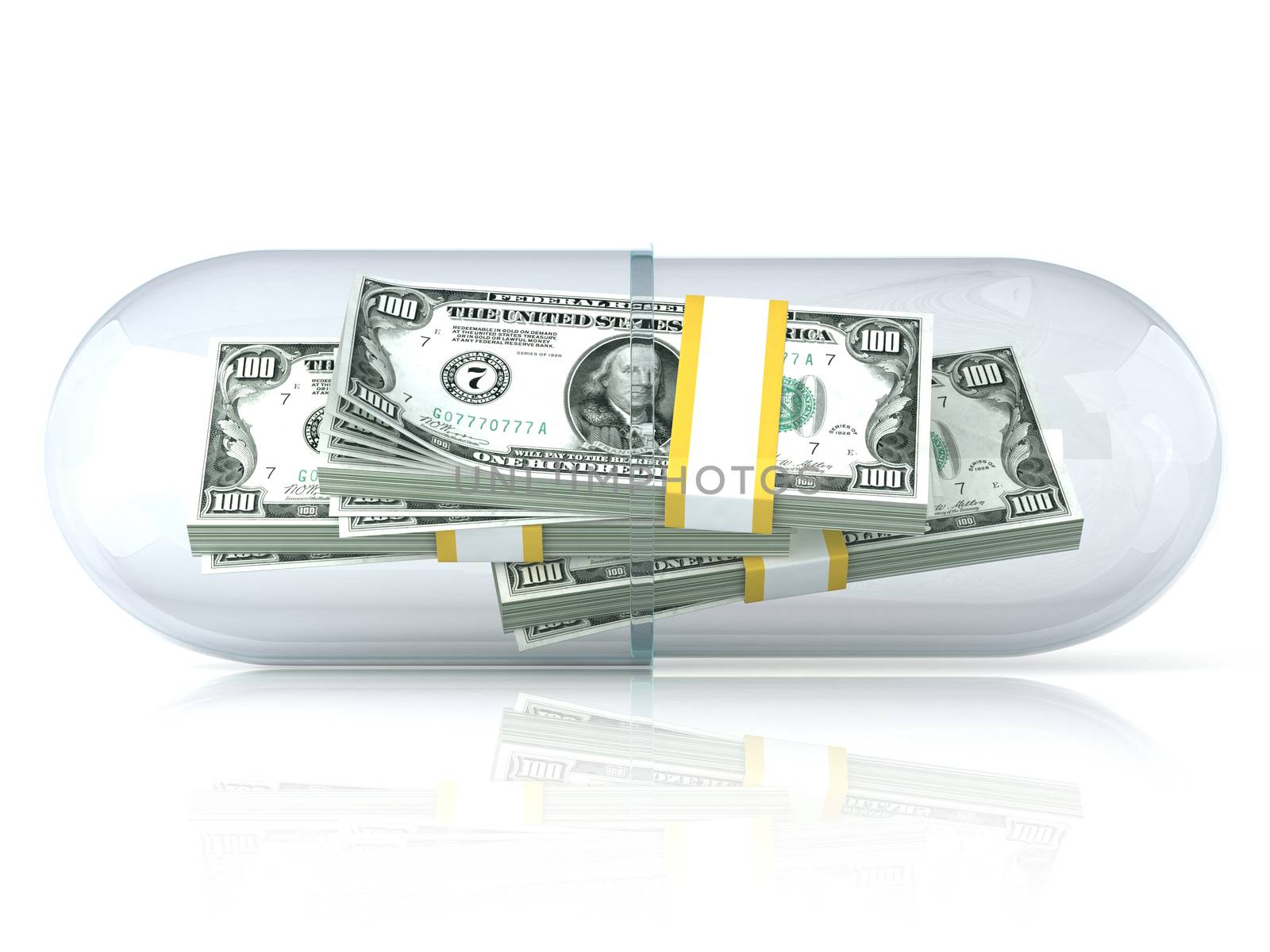 Transparent pill capsule, with dollars stack inside. Isolated on white background. 3D render illustration