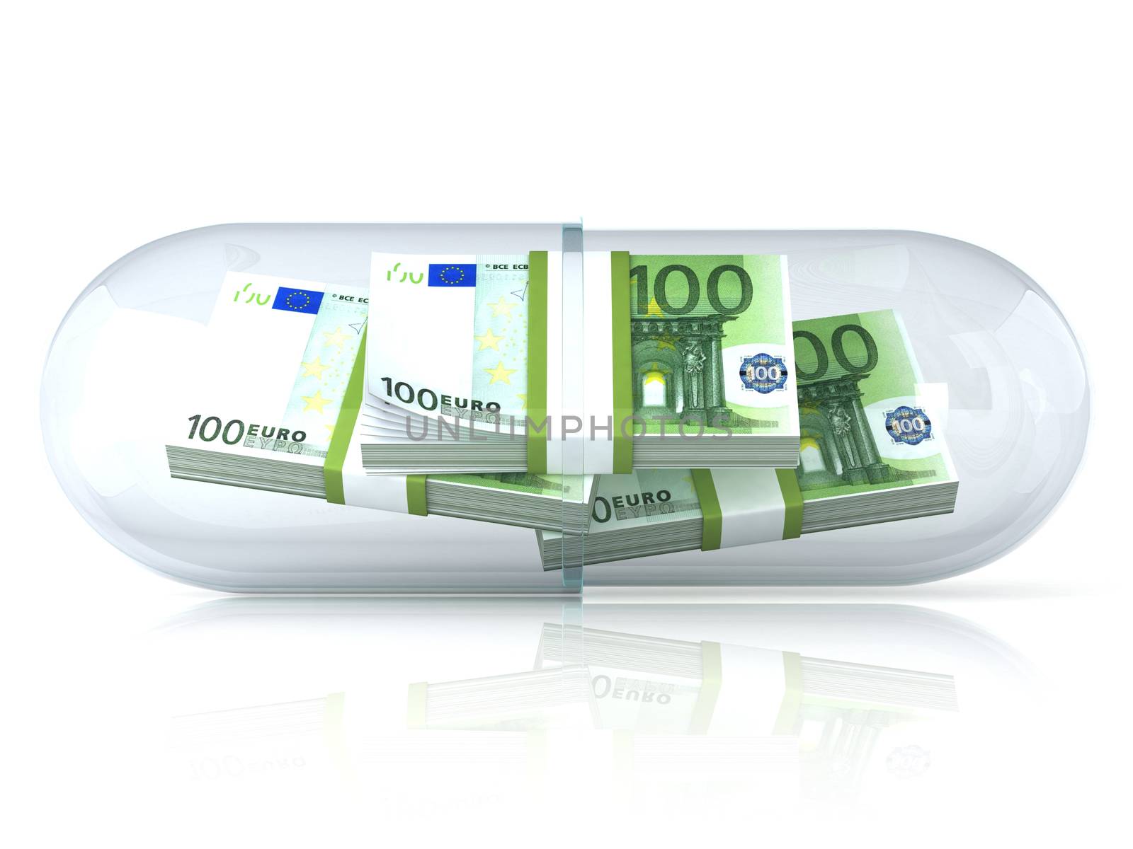 Transparent pill capsule, with euros stack inside. Isolated on white background. 3D render illustration