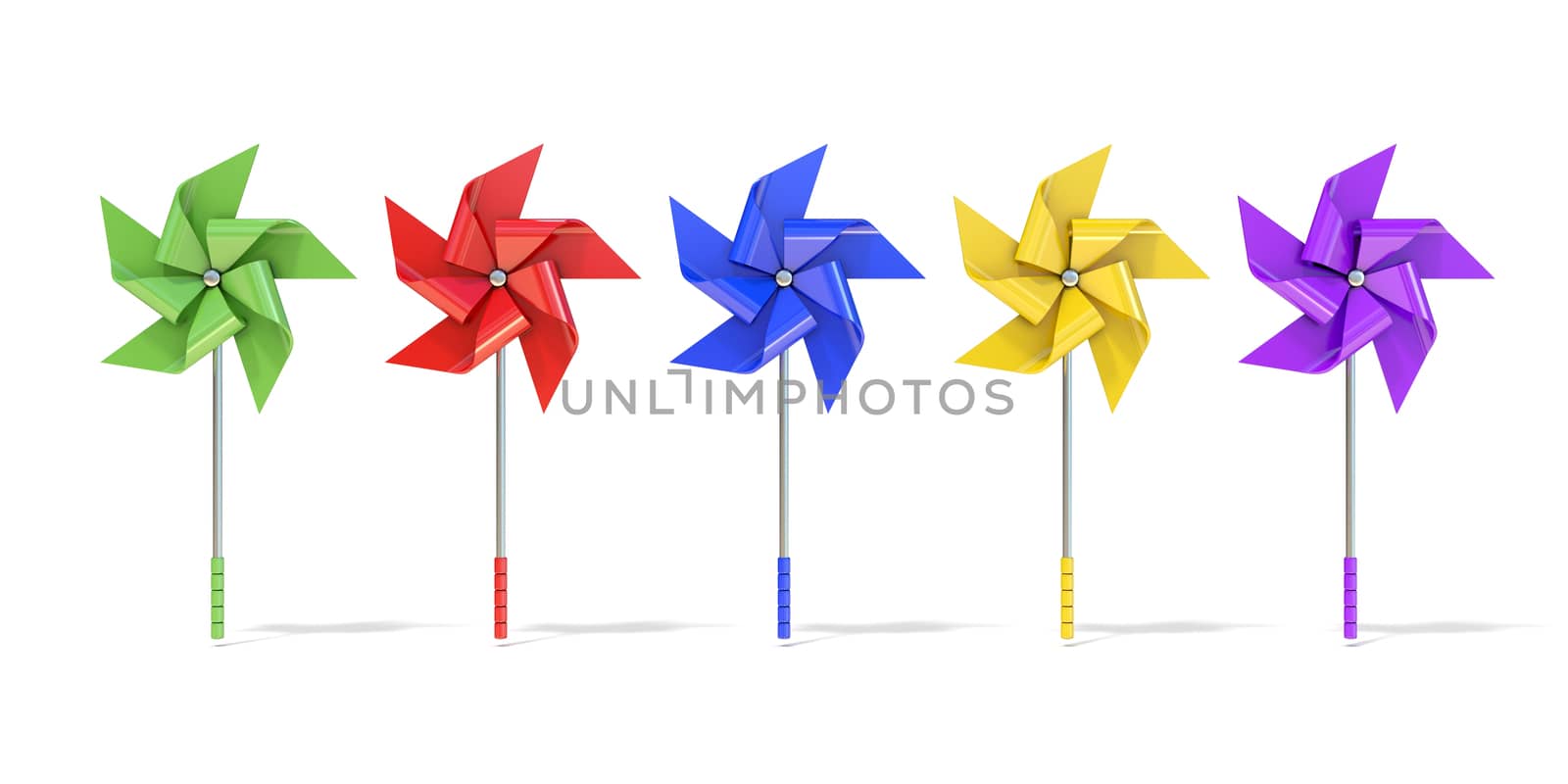 Five colorful five sided pinwheels. 3D by djmilic