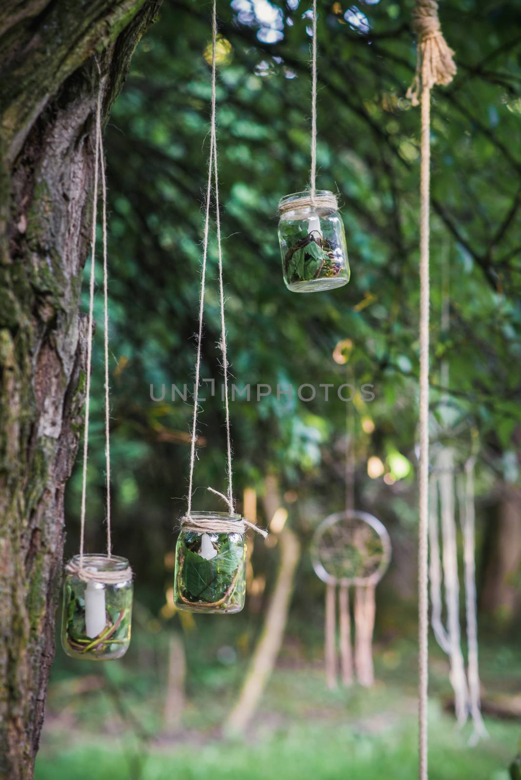 a candle in a glass jars with leaves hanging on a tree in the garden