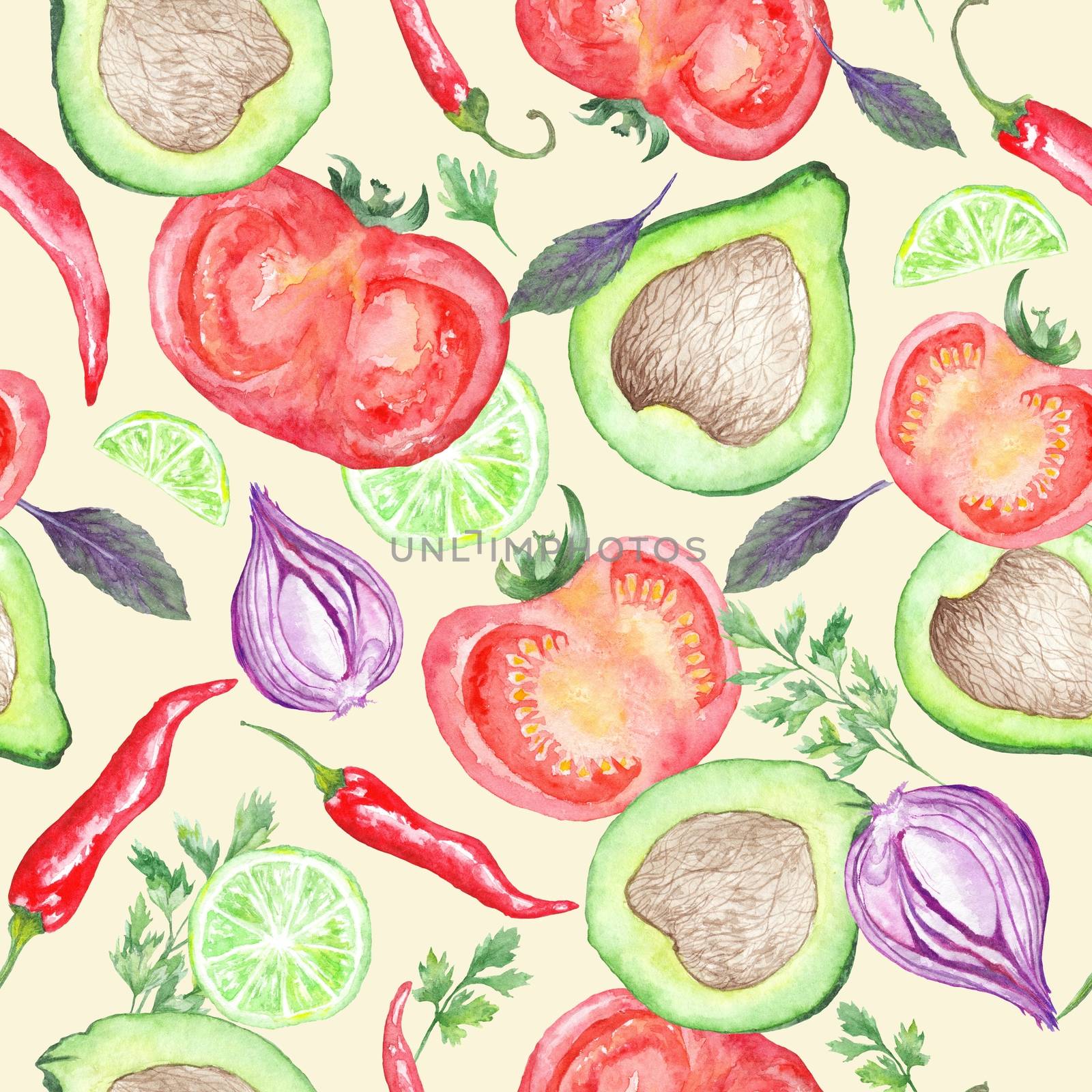 Seamless watercolor texture with vegan healthy food of mexican cuisine on white background