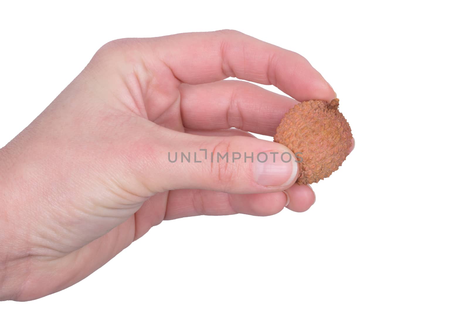 Fresh lychees in woman hand isolated on white background