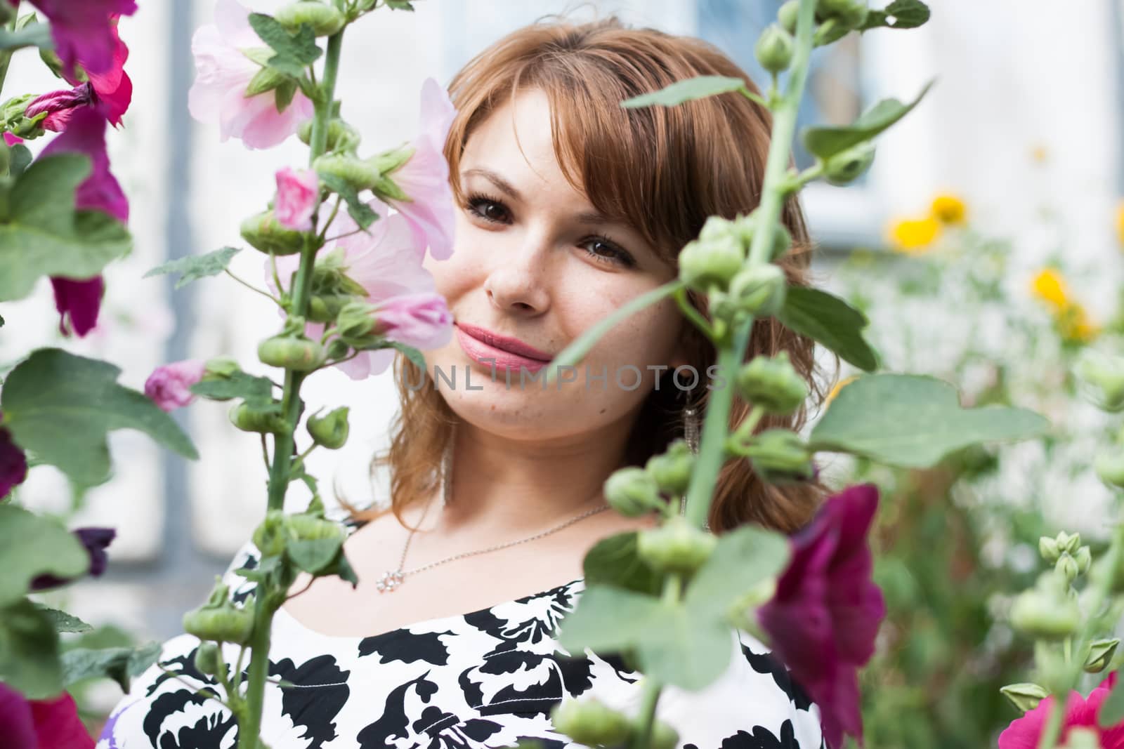 beautiful girl surrounded by colorful flowers mallow by malyshkamju