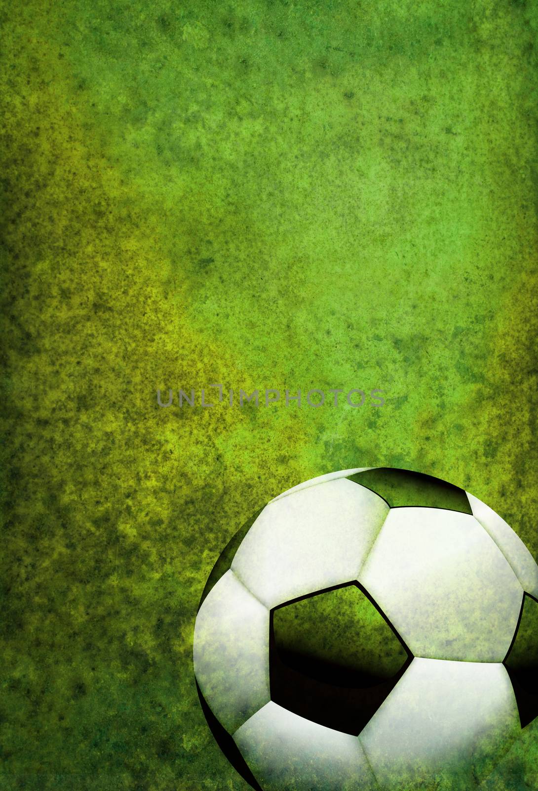A green textured soccer football field background with ball. Room for copy.