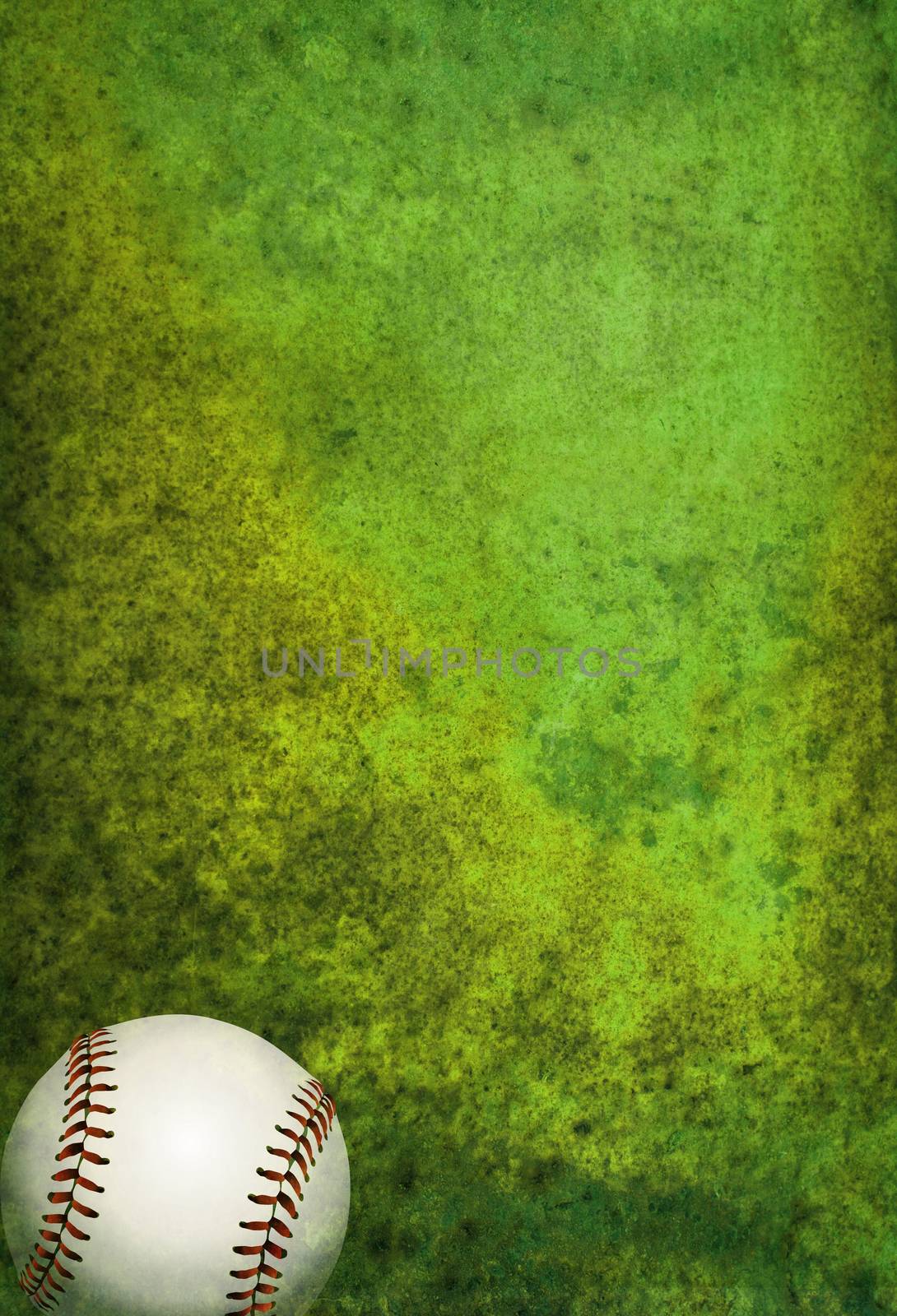 A green textured baseball field background with ball. Room for copy.