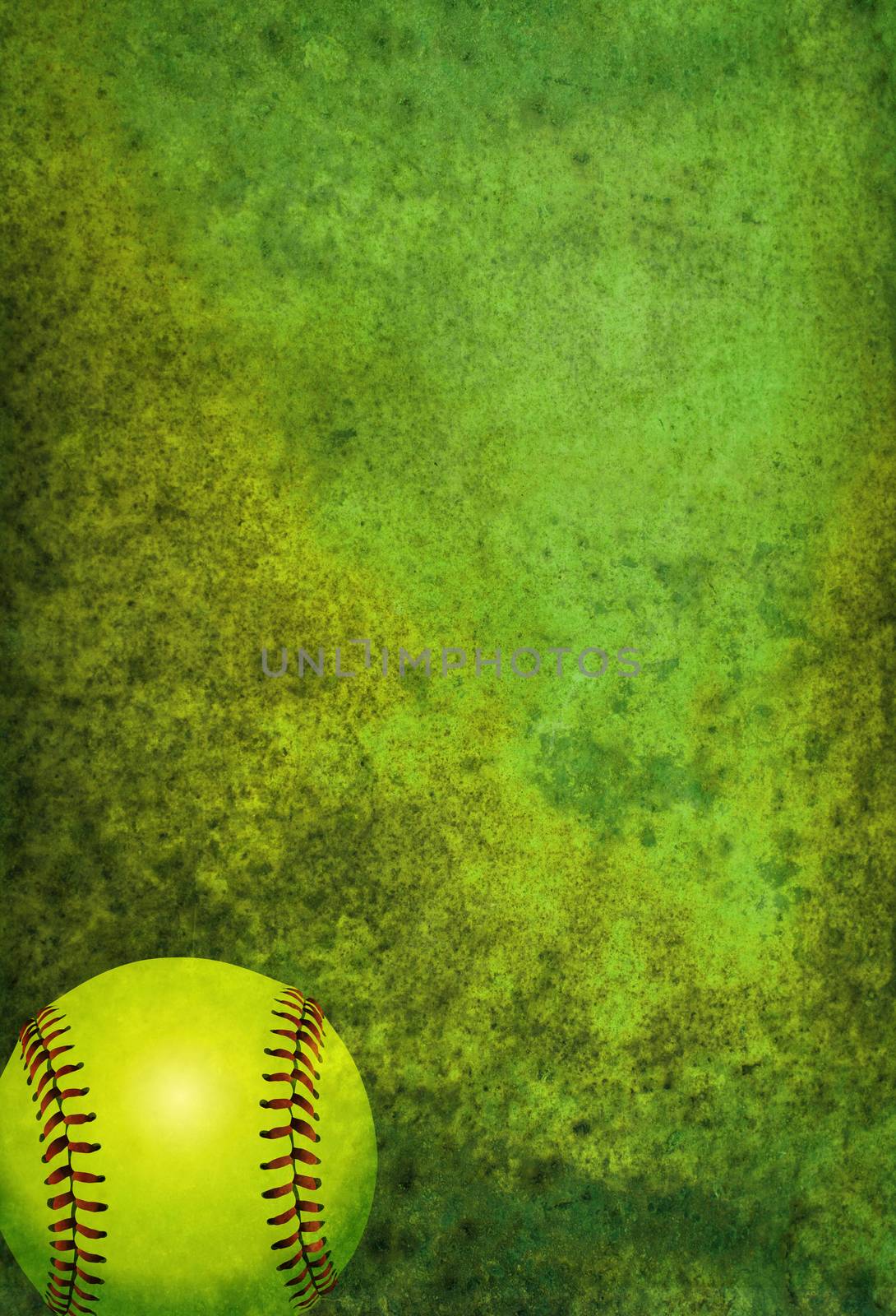 A green textured softball background with ball. Room for copy.