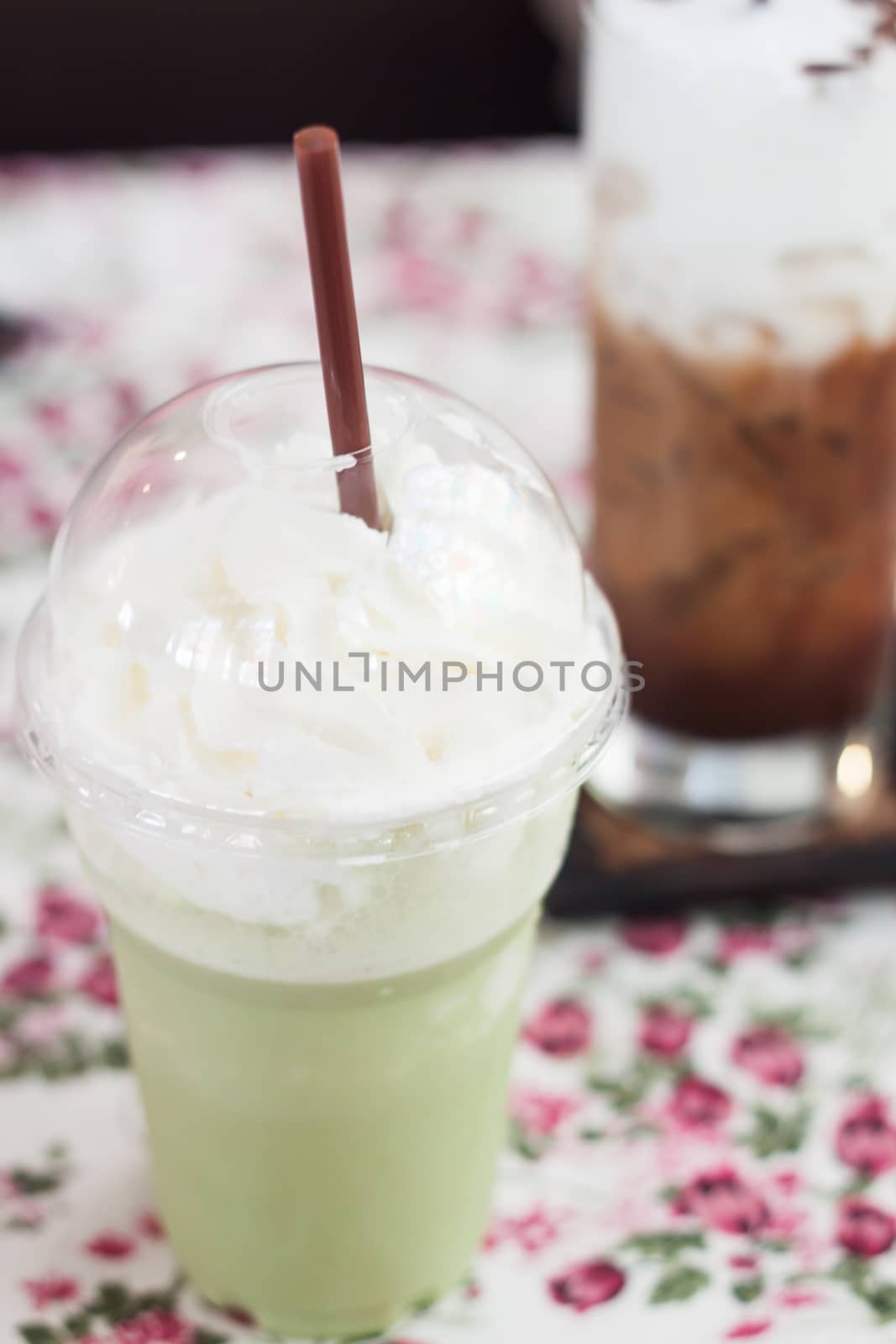Macha green tea with whipped cream, stock photo