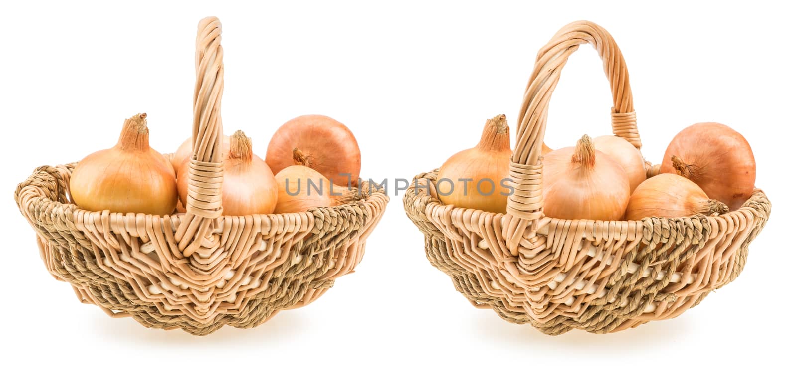 onions in a basket isolated on white background. Selective focus.