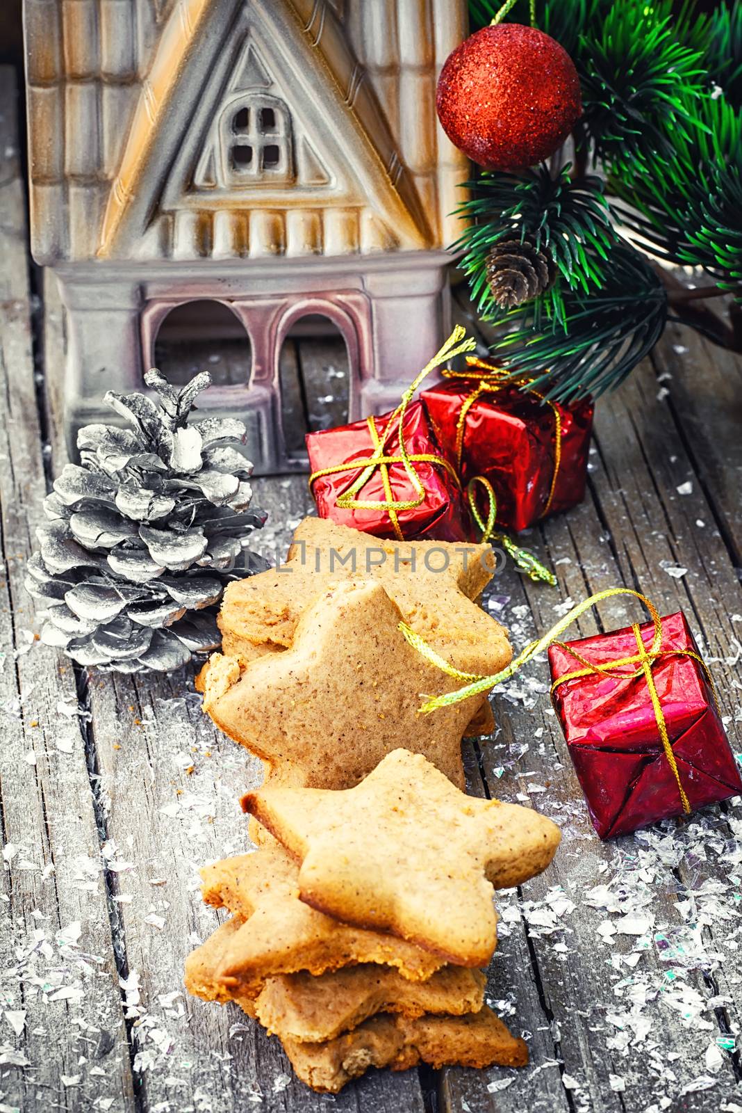 Postcard with Christmas biscuits,pine cones and Christmas ornaments