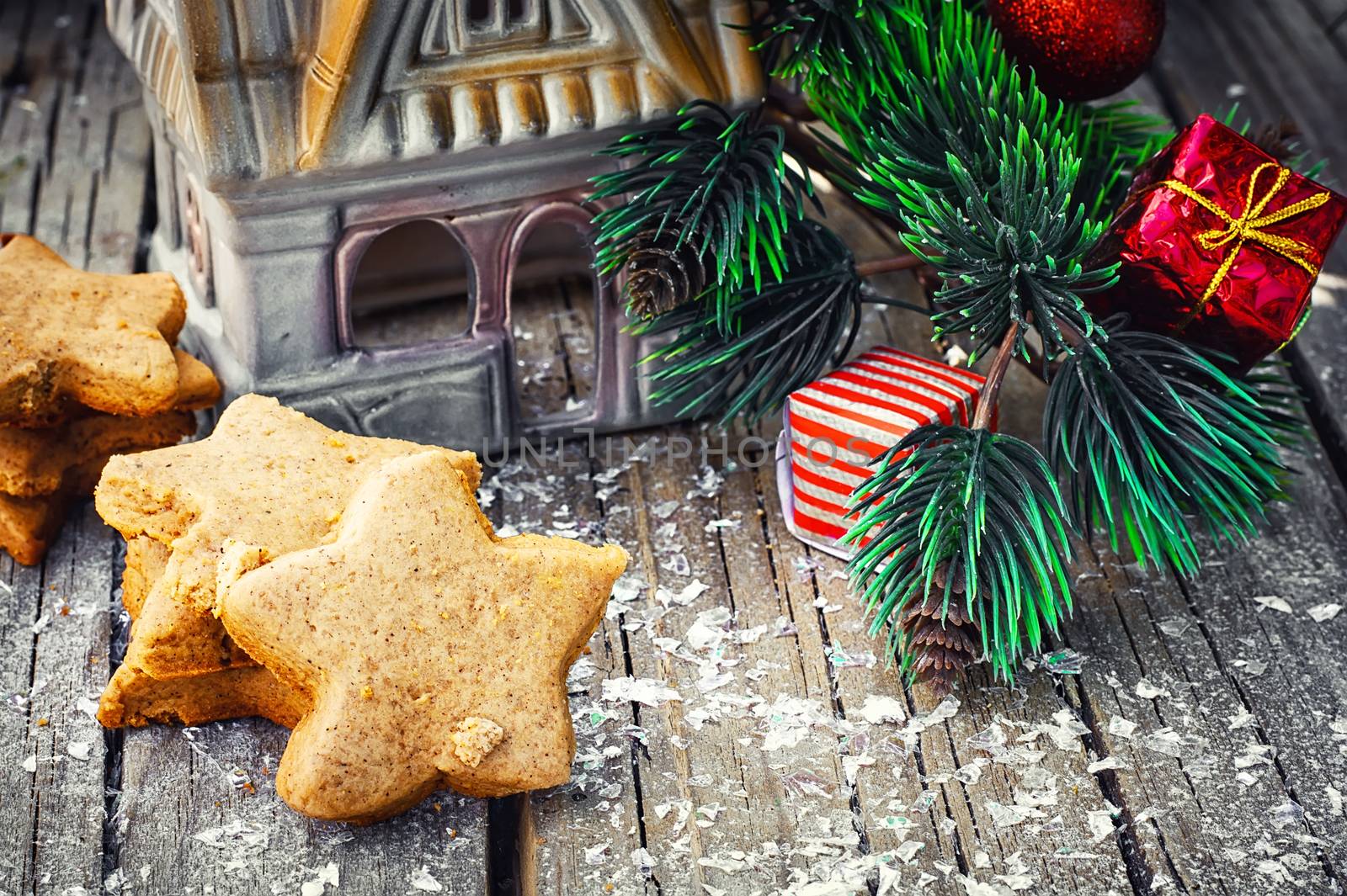 Postcard with Christmas biscuits,pine cones and Christmas ornaments