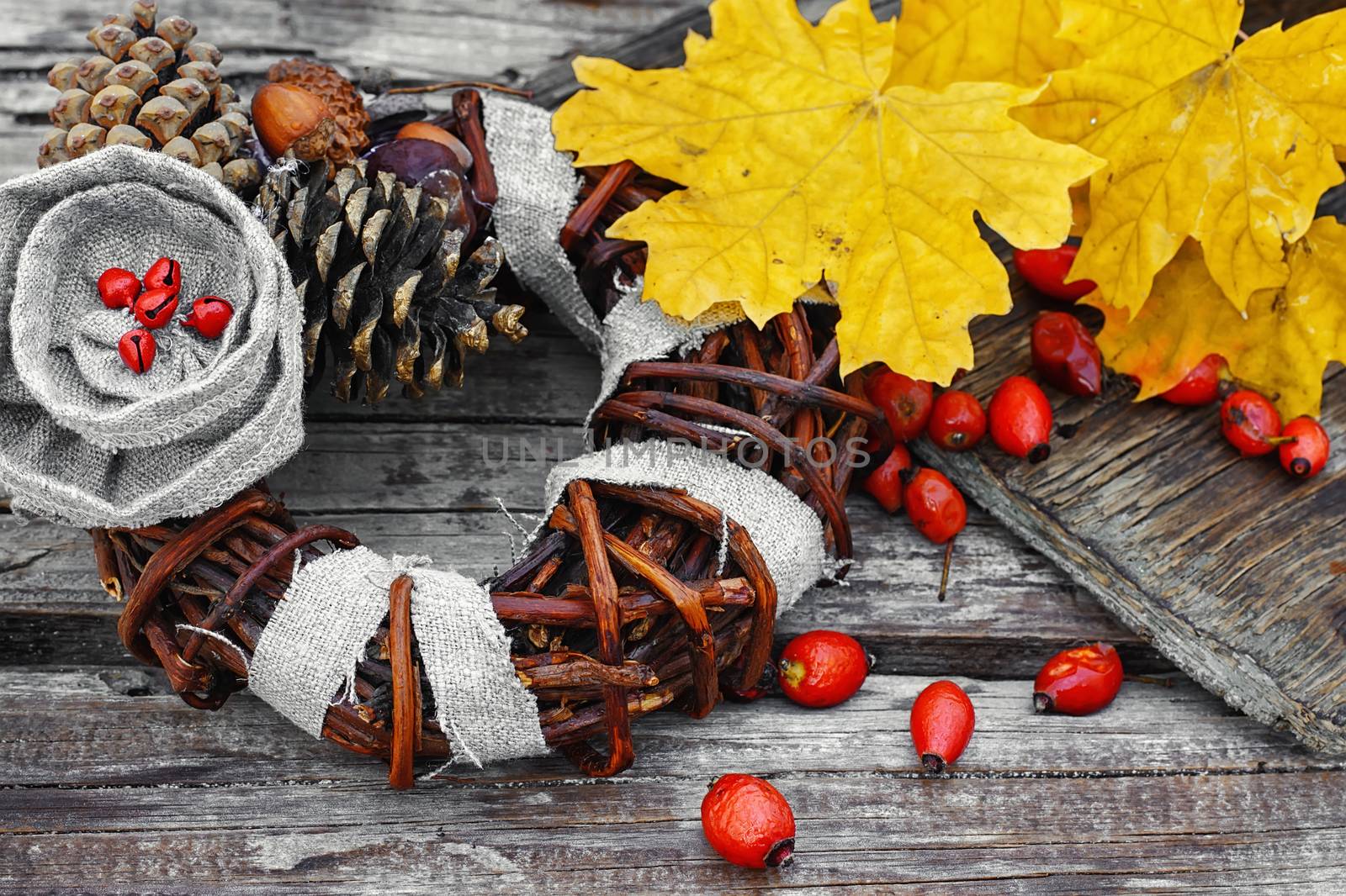 Leaf and handmade wreath of vines with pine cone