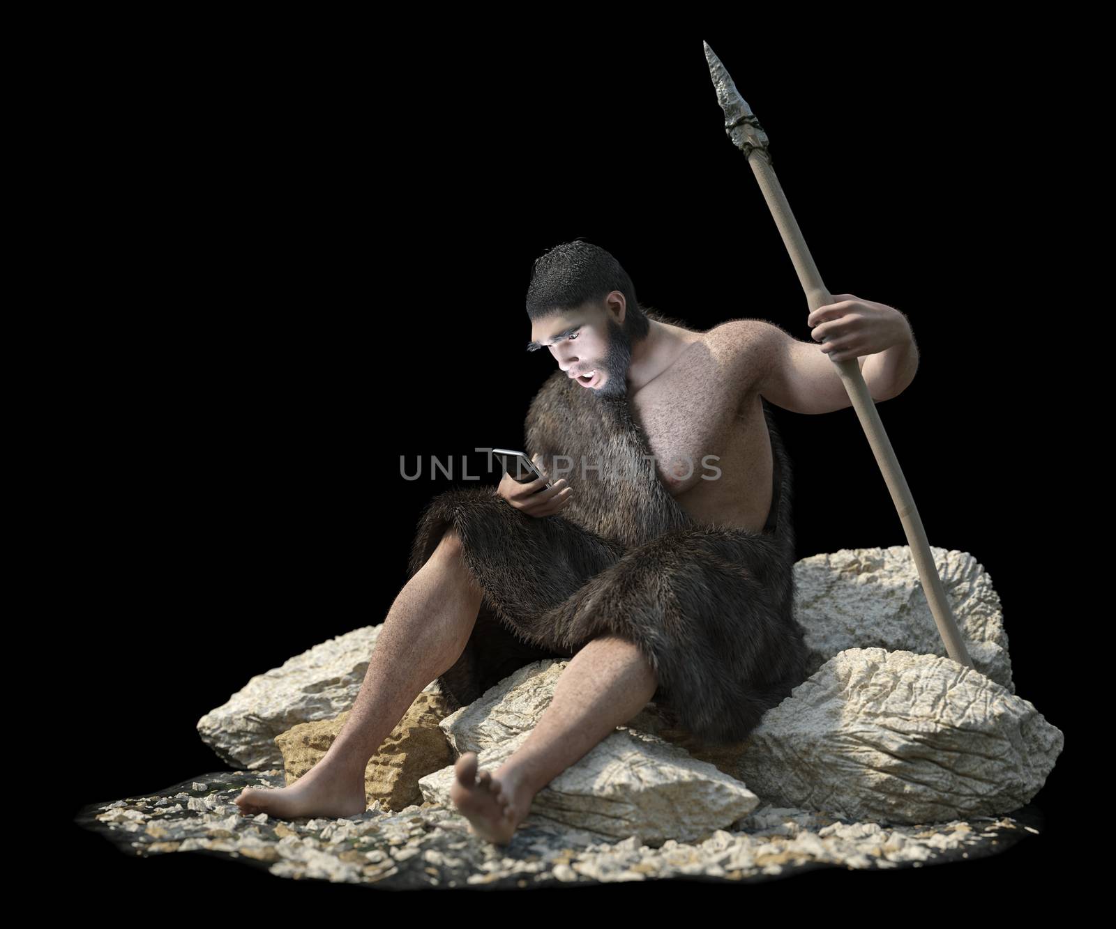 primitive man with smartphone on isolate black concept 3d illustration