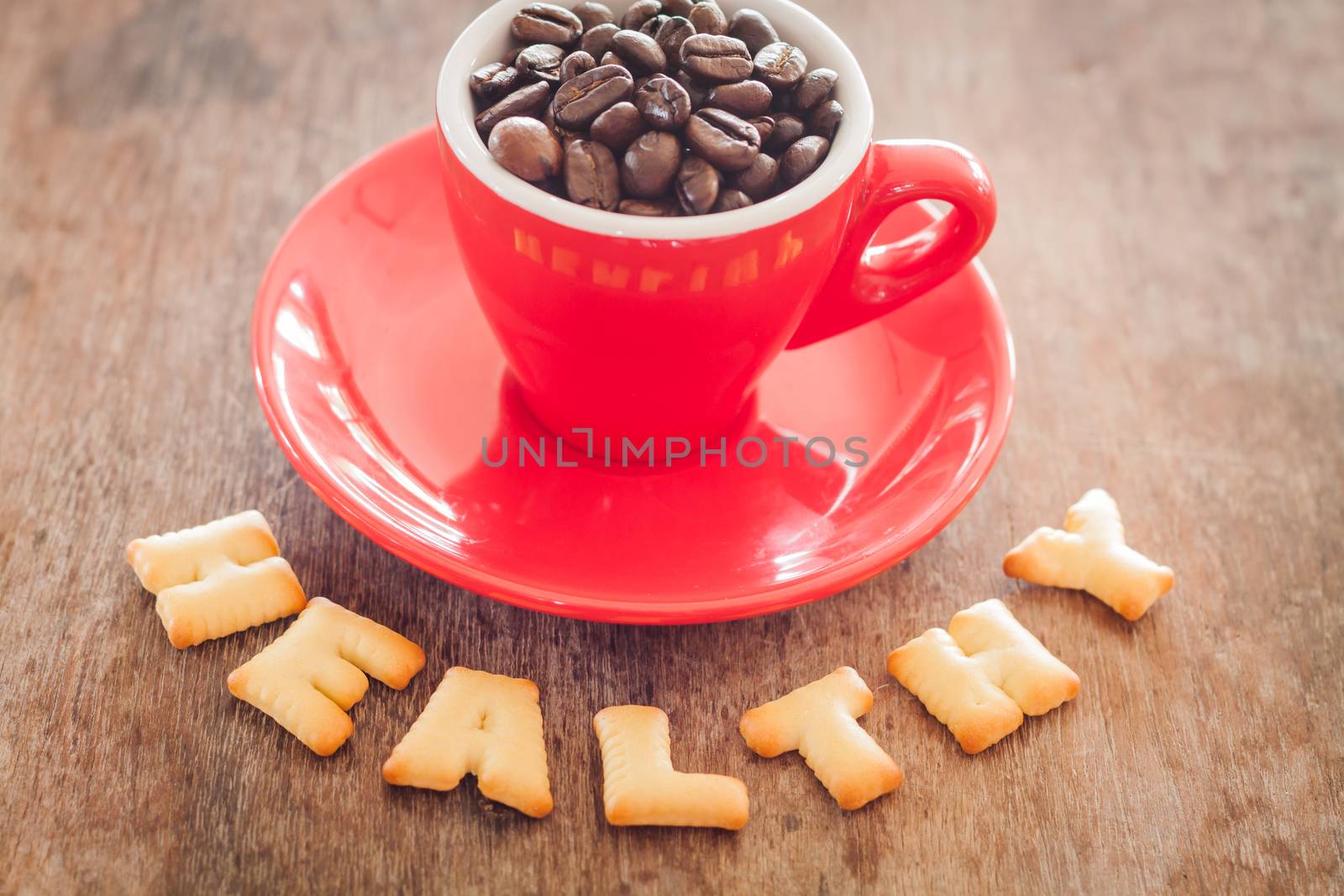 Healthy alphabet biscuit with red coffee cup alphabet biscuit with red coffee cup, stock photo