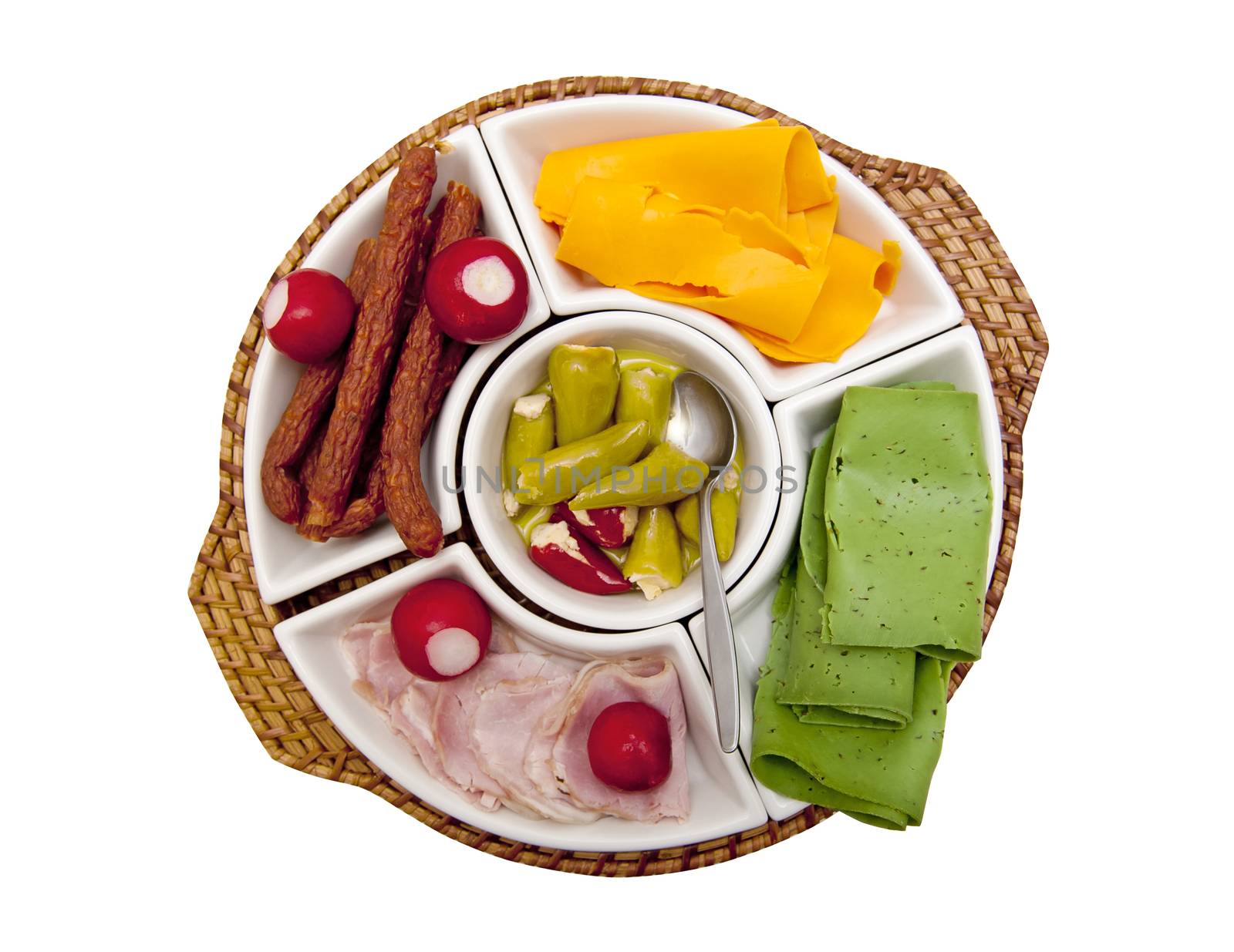 Plate with snacks isolated on the white background