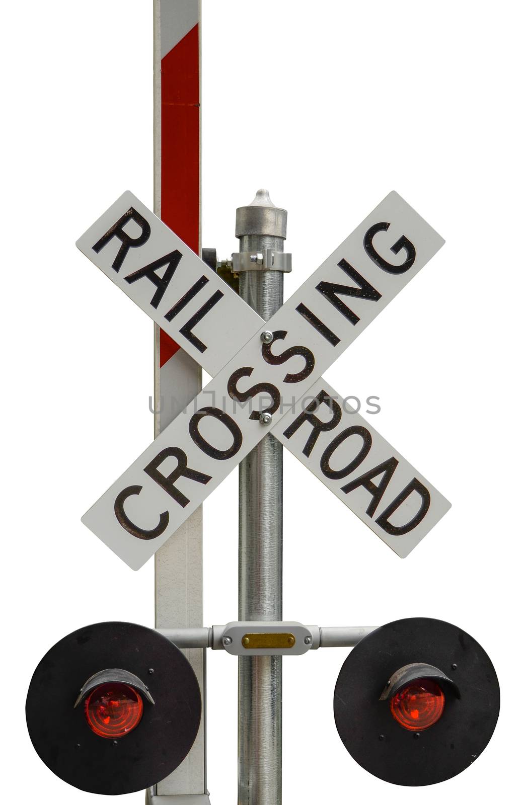 Isolated Rail Road Crossing Sign With Lights On A White Background