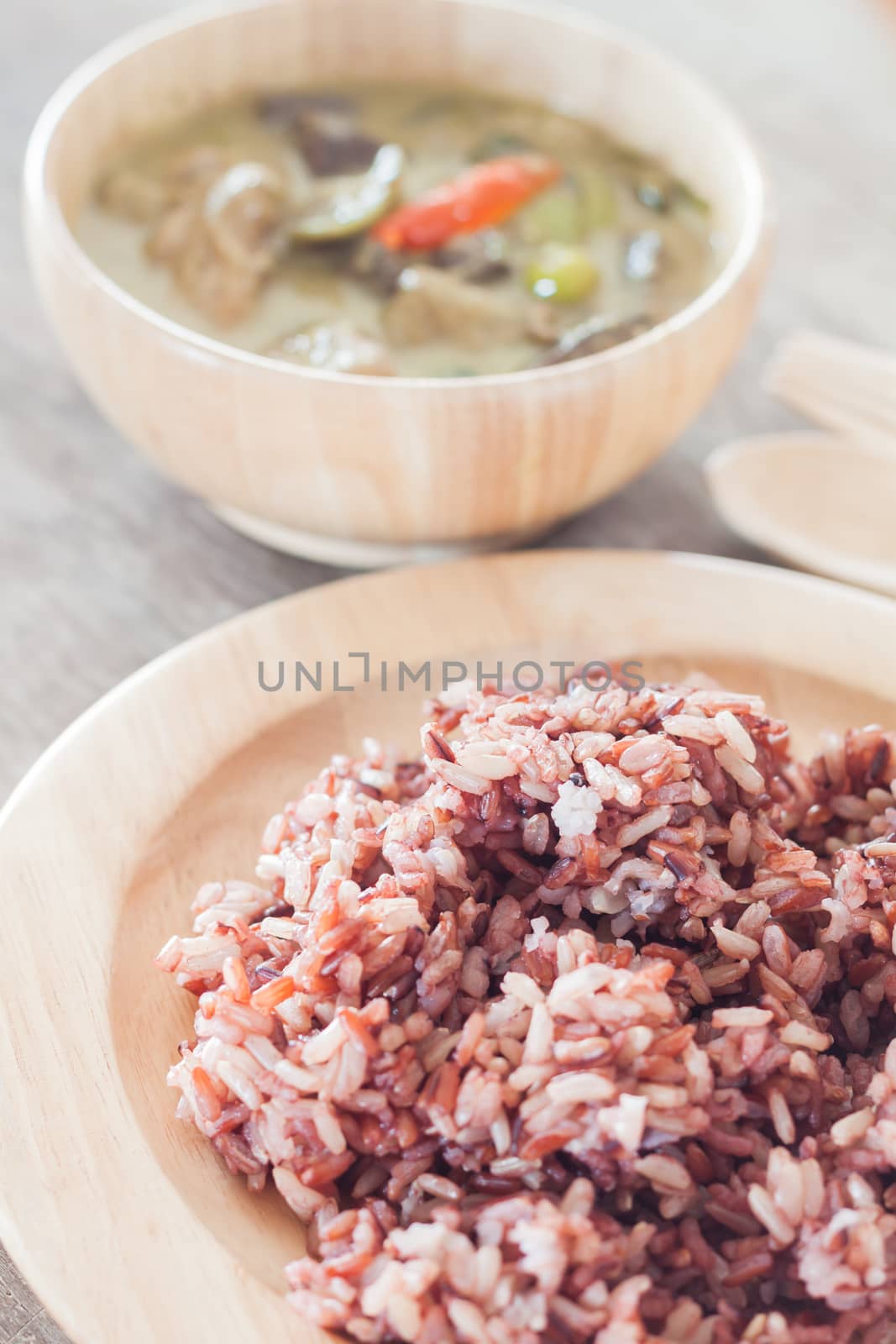 Multi grains berry rice with green curry, stock photo