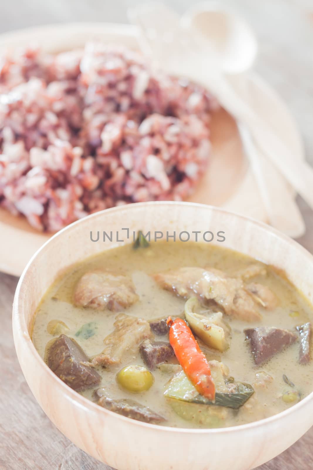 Multi grains berry rice with green curry, stock photo