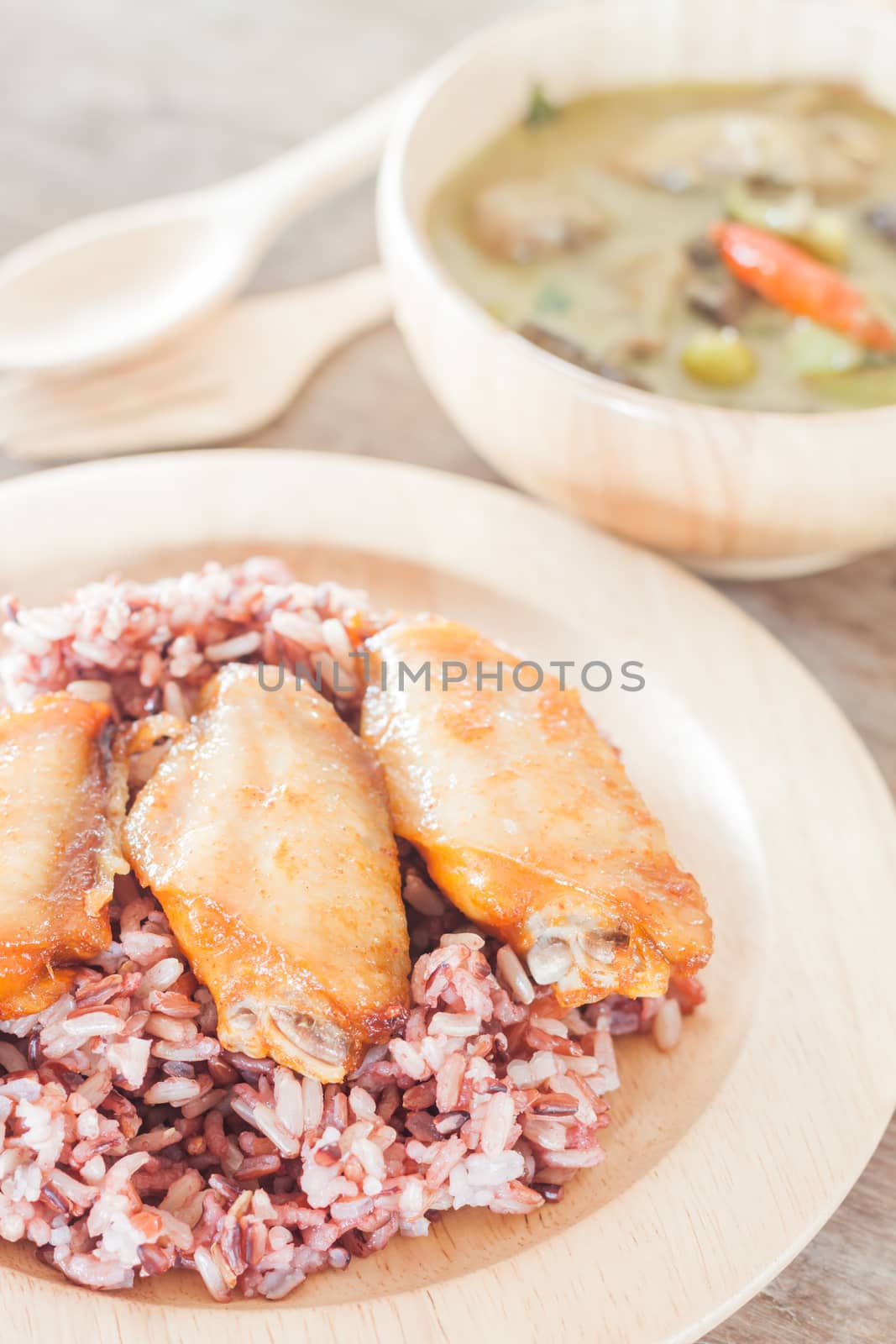 Multi grains berry rice with green curry, stock photo