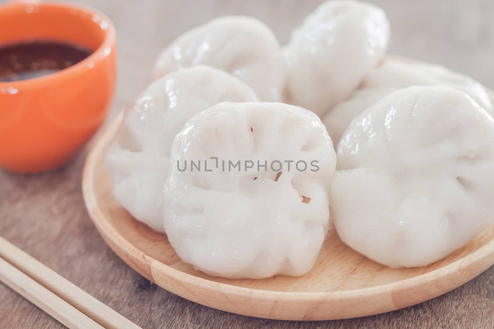 Chinese leek steamed dessert on wooden table, stock photo