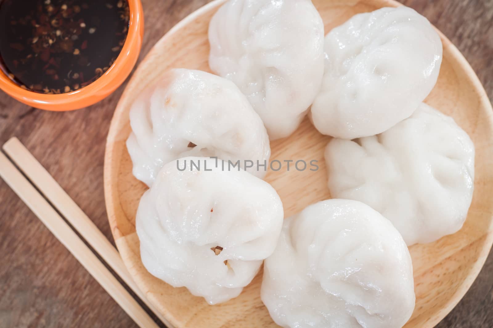 Chinese leek steamed dessert on wooden table, stock photo