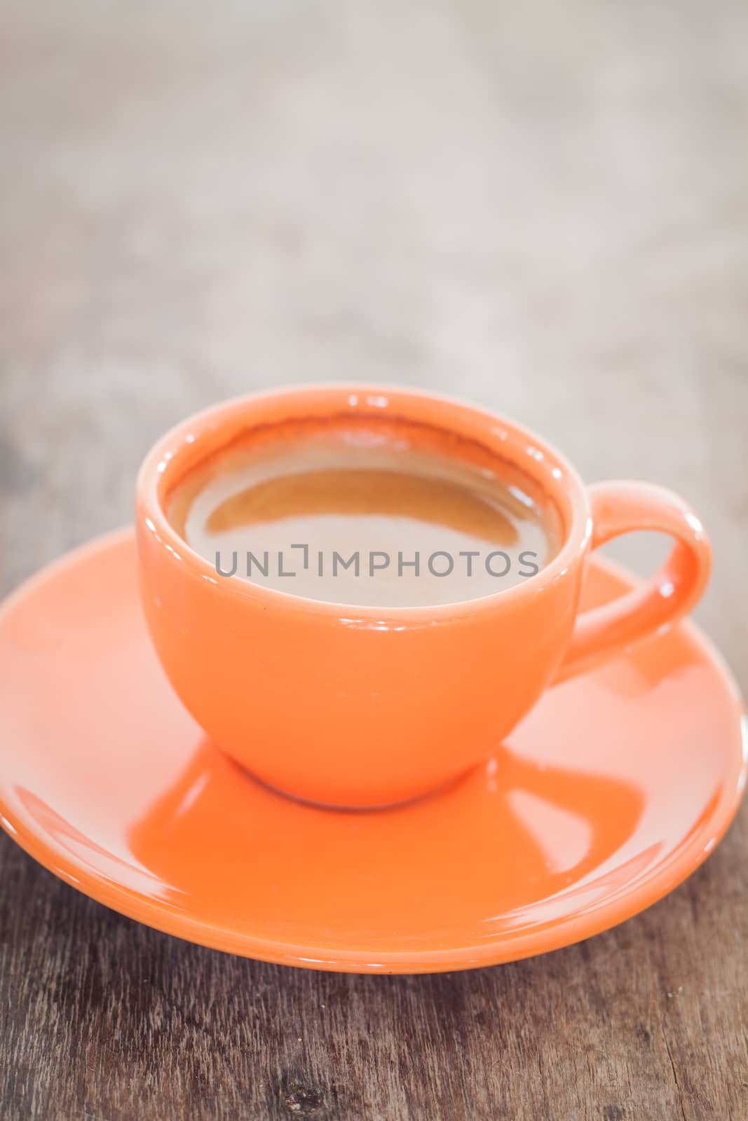 Hot coffee on wooden table, stock photo