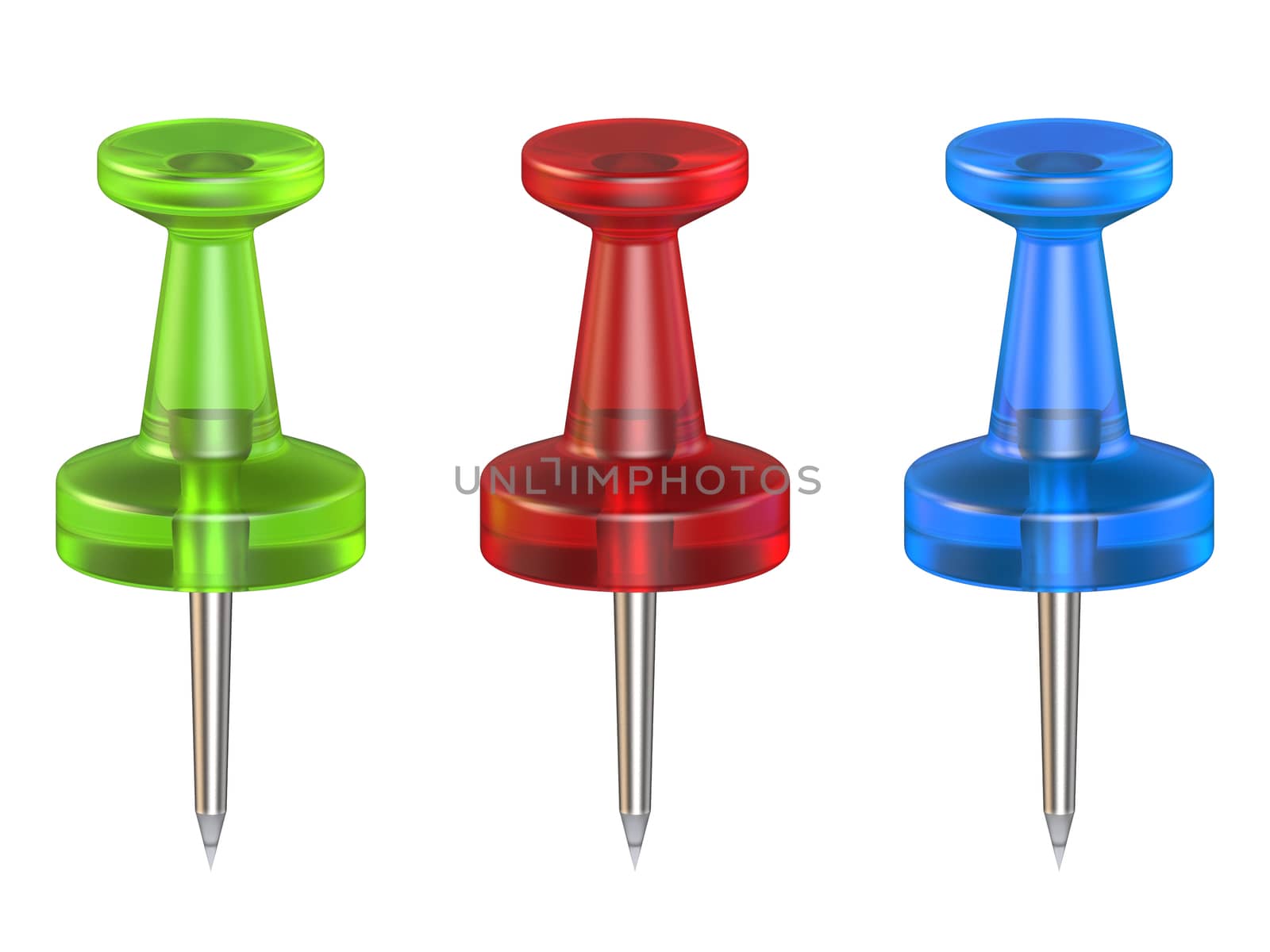 Color push pins. Front view. 3D render illustration isolated on white background